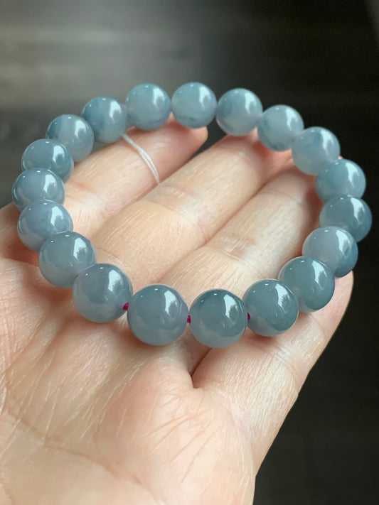 Certified Natural Guatemalan Icy Highly Translucent Dusty Purplish Blue Jadeite Beaded Bracelet 9.6mm 6.75” 30.06g 天然老种冰危蓝紫飘花翡翠圆珠手串 1496
