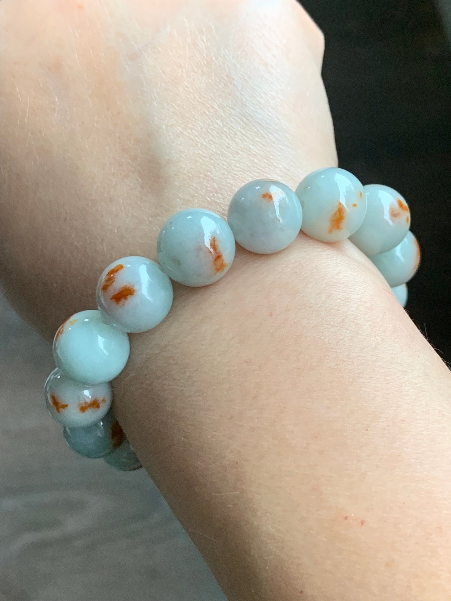 Certified Natural Burmese Icy Red Marbled Jadeite Large Beads Mala Beaded Bracelet Stretchy 12.6mm 7.25” 56.49 天然缅甸糯种晴底飘红花翡翠大卡手串 1503