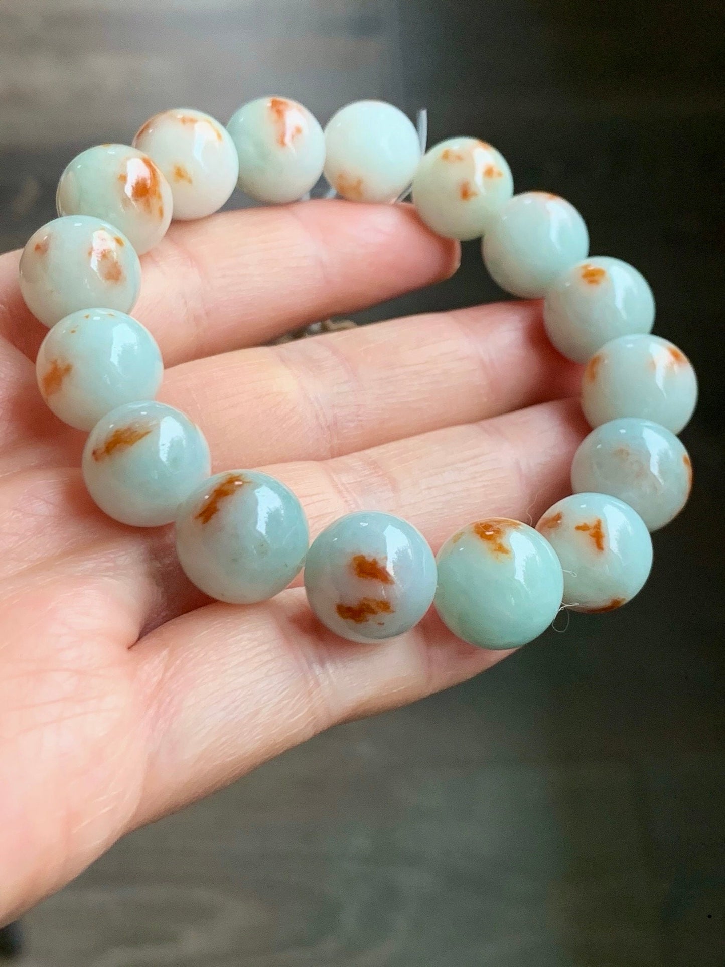 Certified Natural Burmese Icy Red Marbled Jadeite Large Beads Mala Beaded Bracelet Stretchy 12.6mm 7.25” 56.49 天然缅甸糯种晴底飘红花翡翠大卡手串 1503