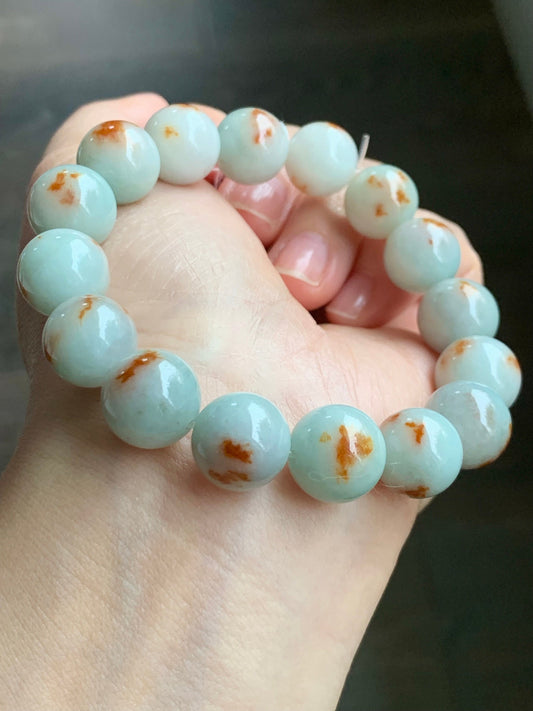 Certified Natural Burmese Icy Red Marbled Jadeite Large Beads Mala Beaded Bracelet Stretchy 12.6mm 7.25” 56.49 天然缅甸糯种晴底飘红花翡翠大卡手串 1503