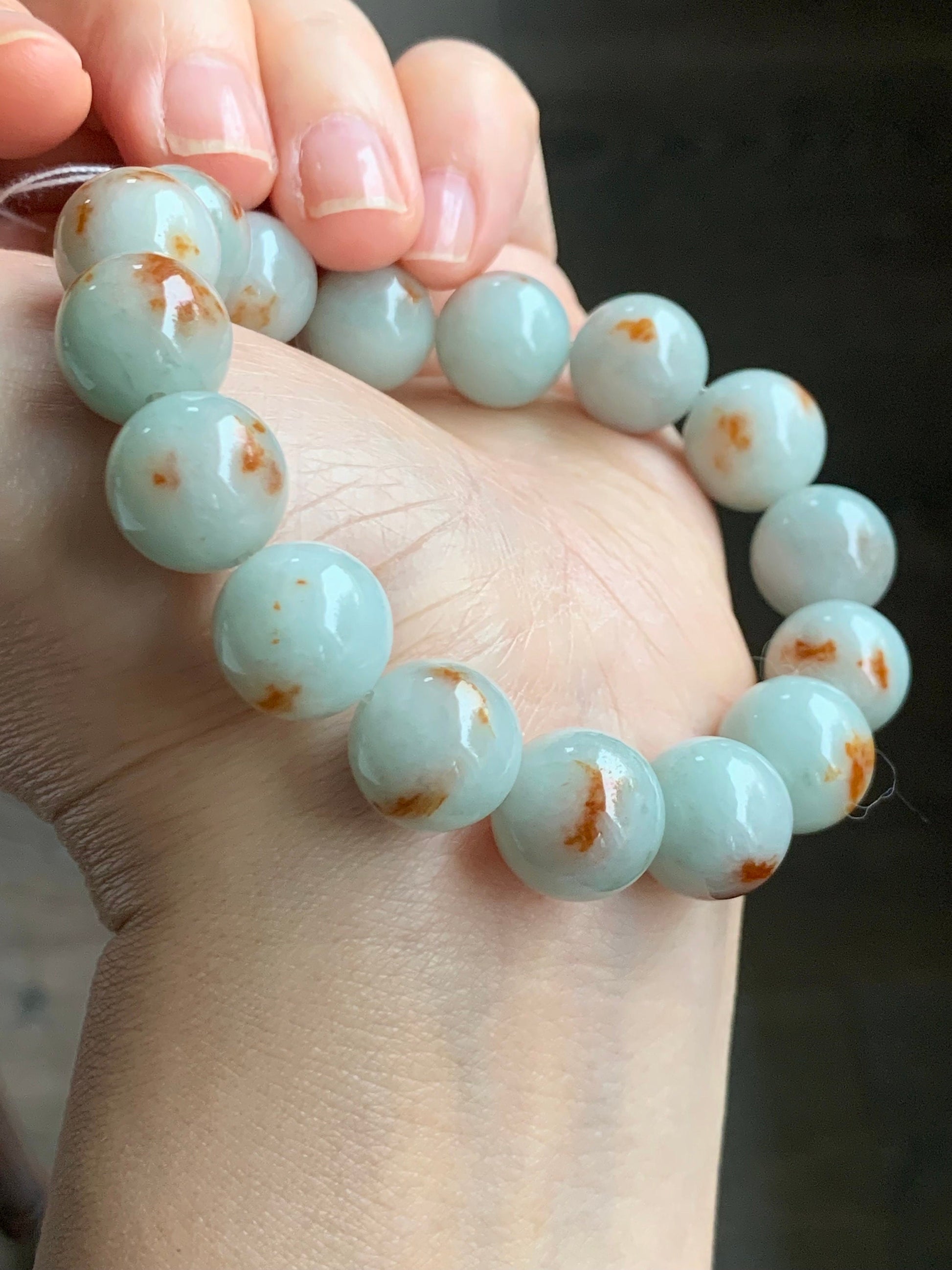 Certified Natural Burmese Icy Red Marbled Jadeite Large Beads Mala Beaded Bracelet Stretchy 12.6mm 7.25” 56.49 天然缅甸糯种晴底飘红花翡翠大卡手串 1503
