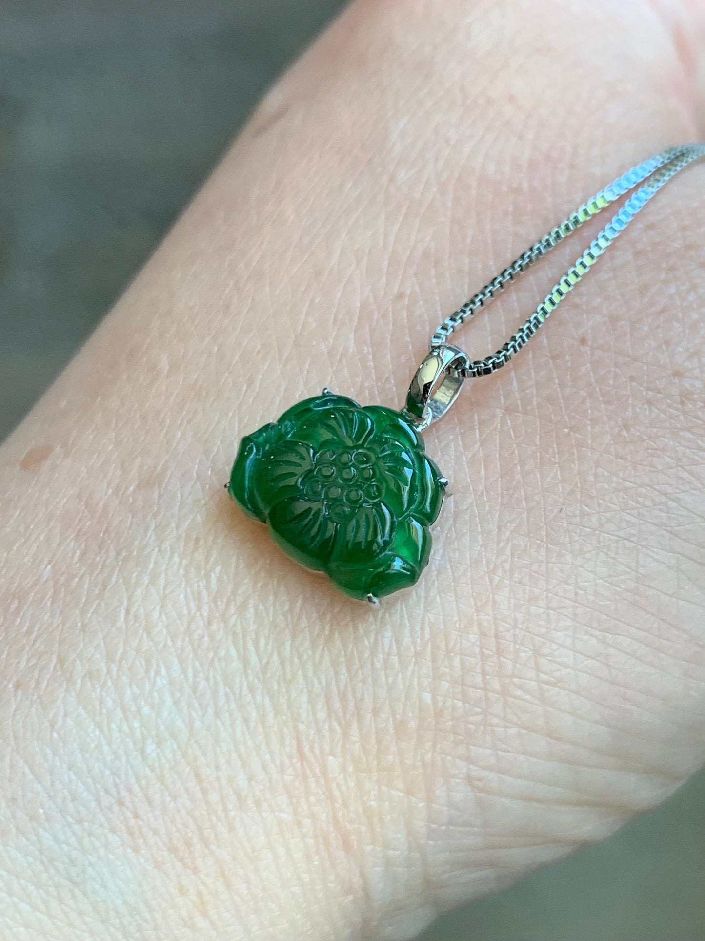 Certified Natural Guatemalan Icy Highly Translucent Green Jadeite Carved Lotus Flower Petite Pendant 18K White Gold 天然冰透危绿翡翠荷花镶嵌吊坠 1450