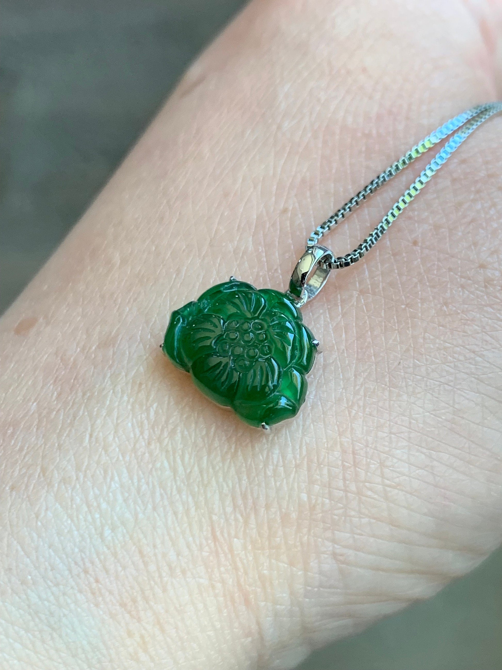 Certified Natural Guatemalan Icy Highly Translucent Green Jadeite Carved Lotus Flower Petite Pendant 18K White Gold 天然冰透危绿翡翠荷花镶嵌吊坠 1450
