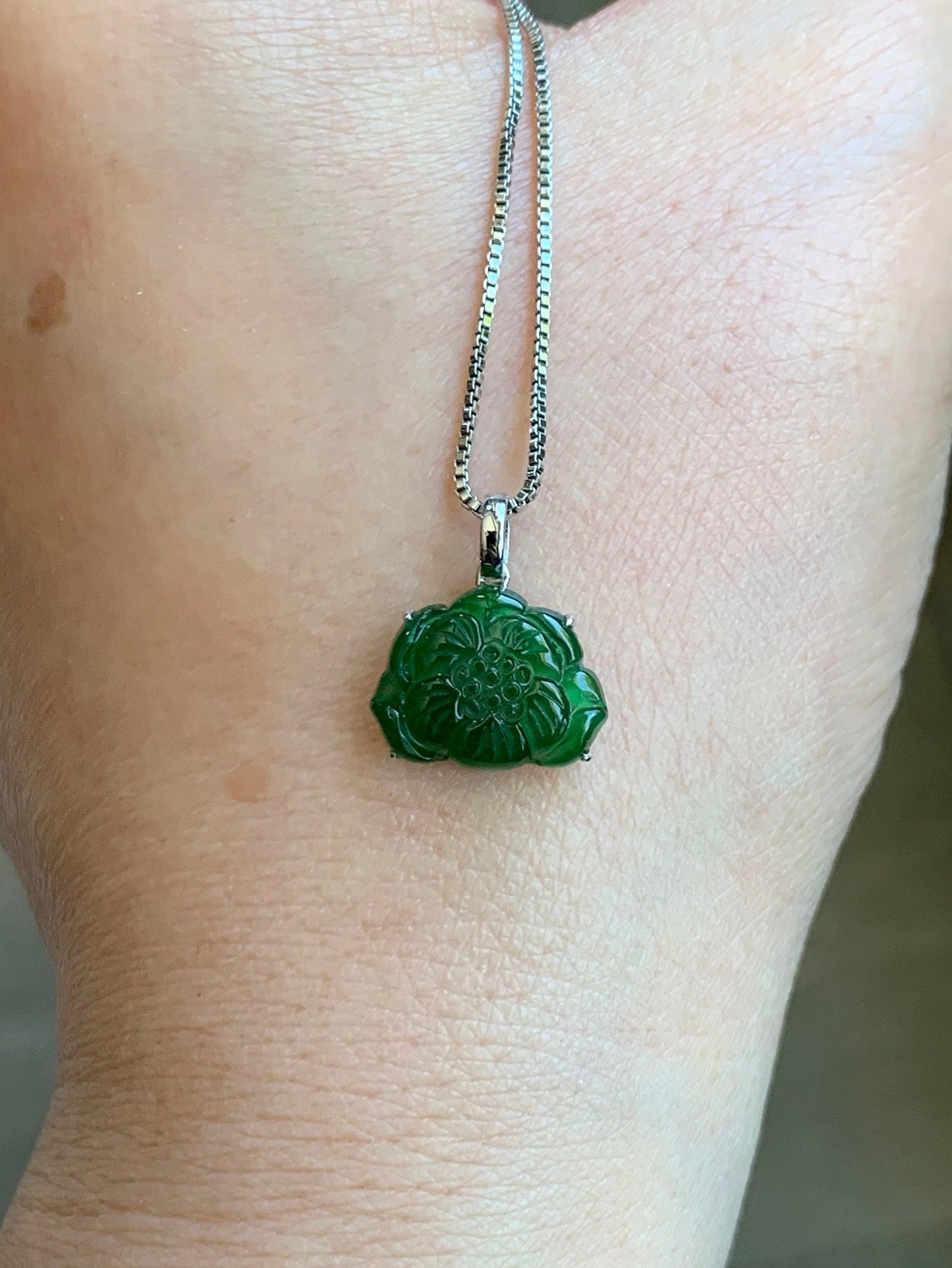 Certified Natural Guatemalan Icy Highly Translucent Green Jadeite Carved Lotus Flower Petite Pendant 18K White Gold 天然冰透危绿翡翠荷花镶嵌吊坠 1450