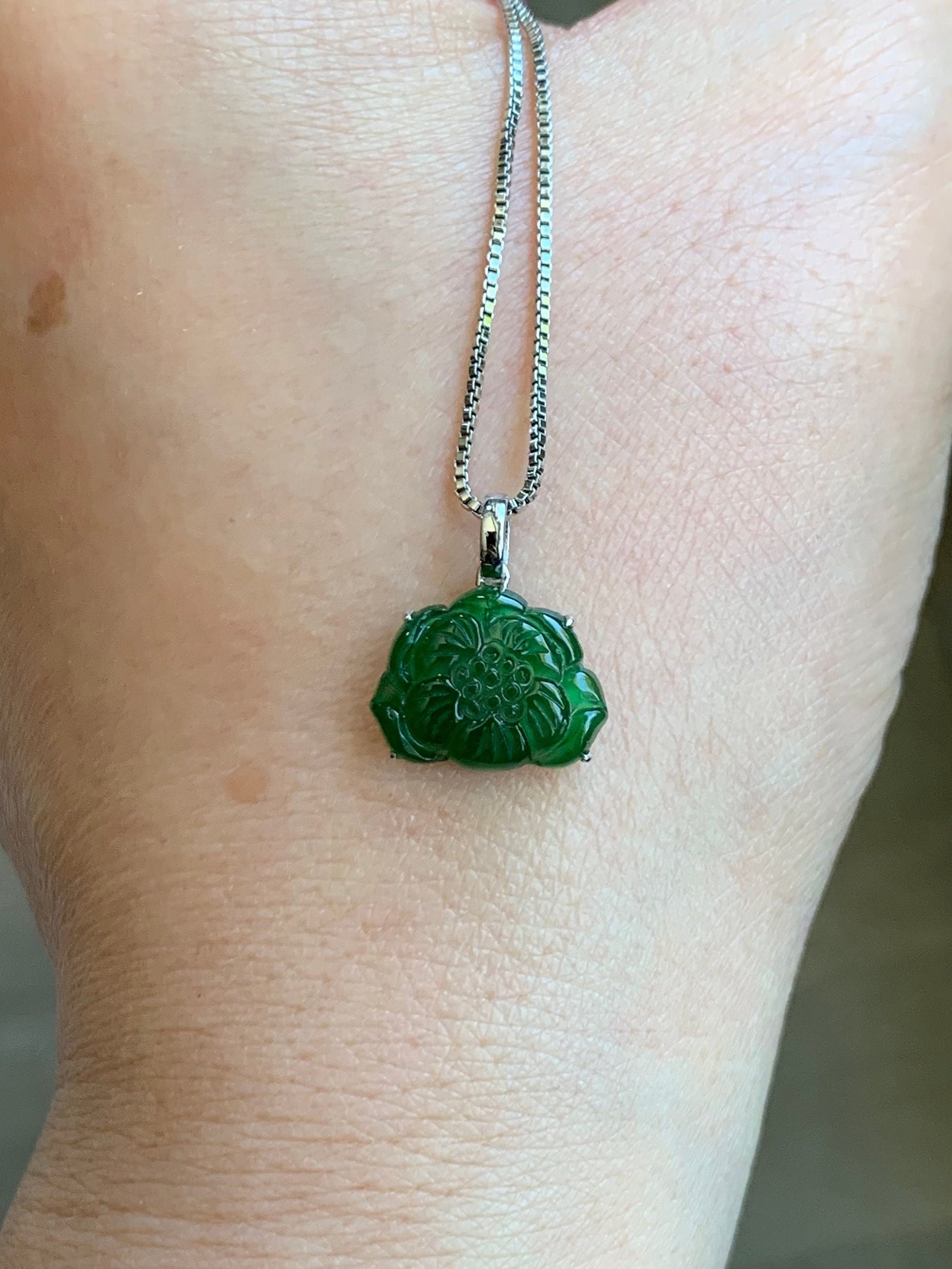 Certified Natural Guatemalan Icy Highly Translucent Green Jadeite Carved Lotus Flower Petite Pendant 18K White Gold 天然冰透危绿翡翠荷花镶嵌吊坠 1450