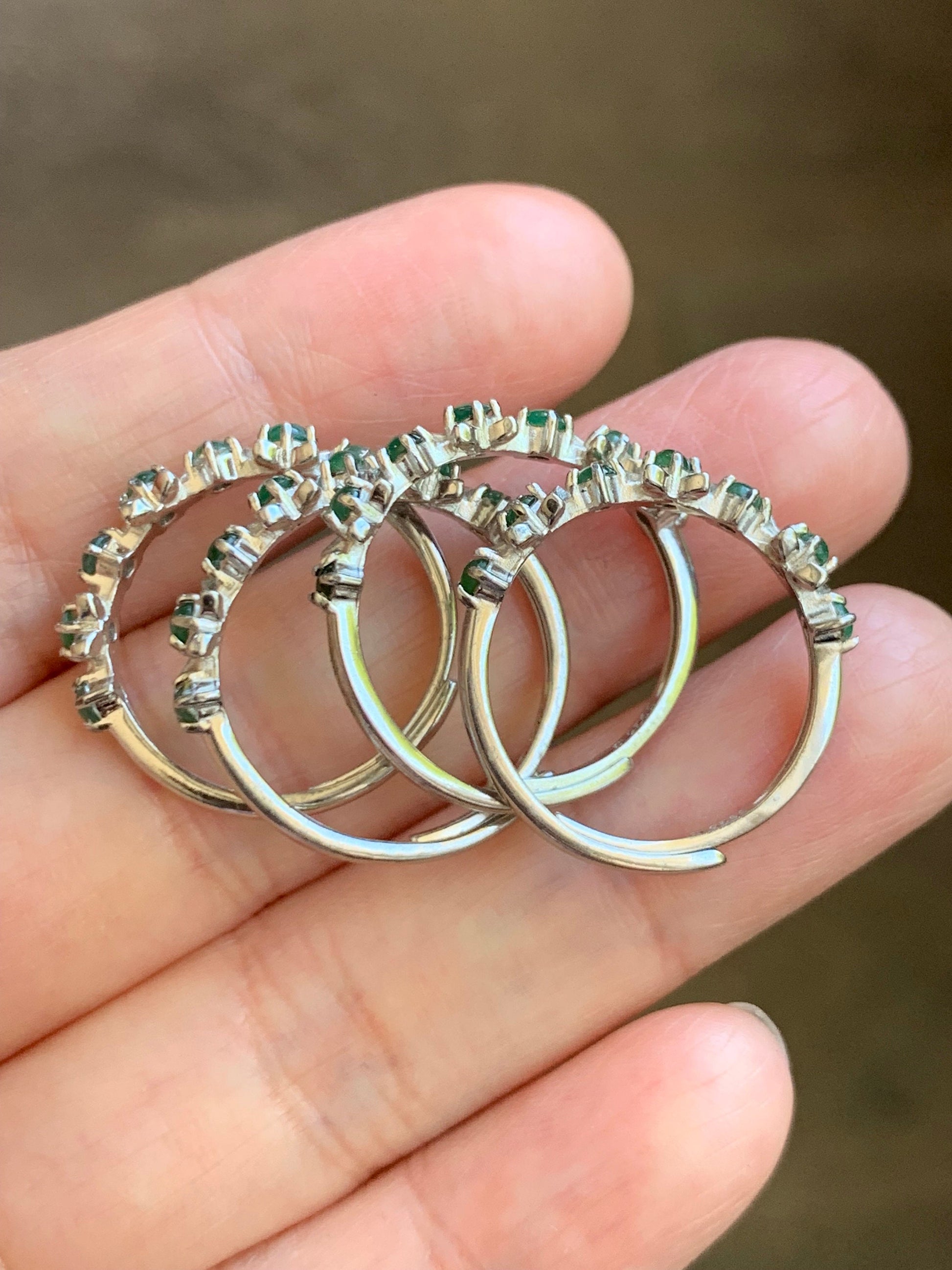Special! Natural Burmese Icy Translucent Green Jadeite Spring Flower 7-Stone Ring Sterling Silver Adjustable Size 7 天然缅甸冰绿翡翠银镶戒指 MLP60