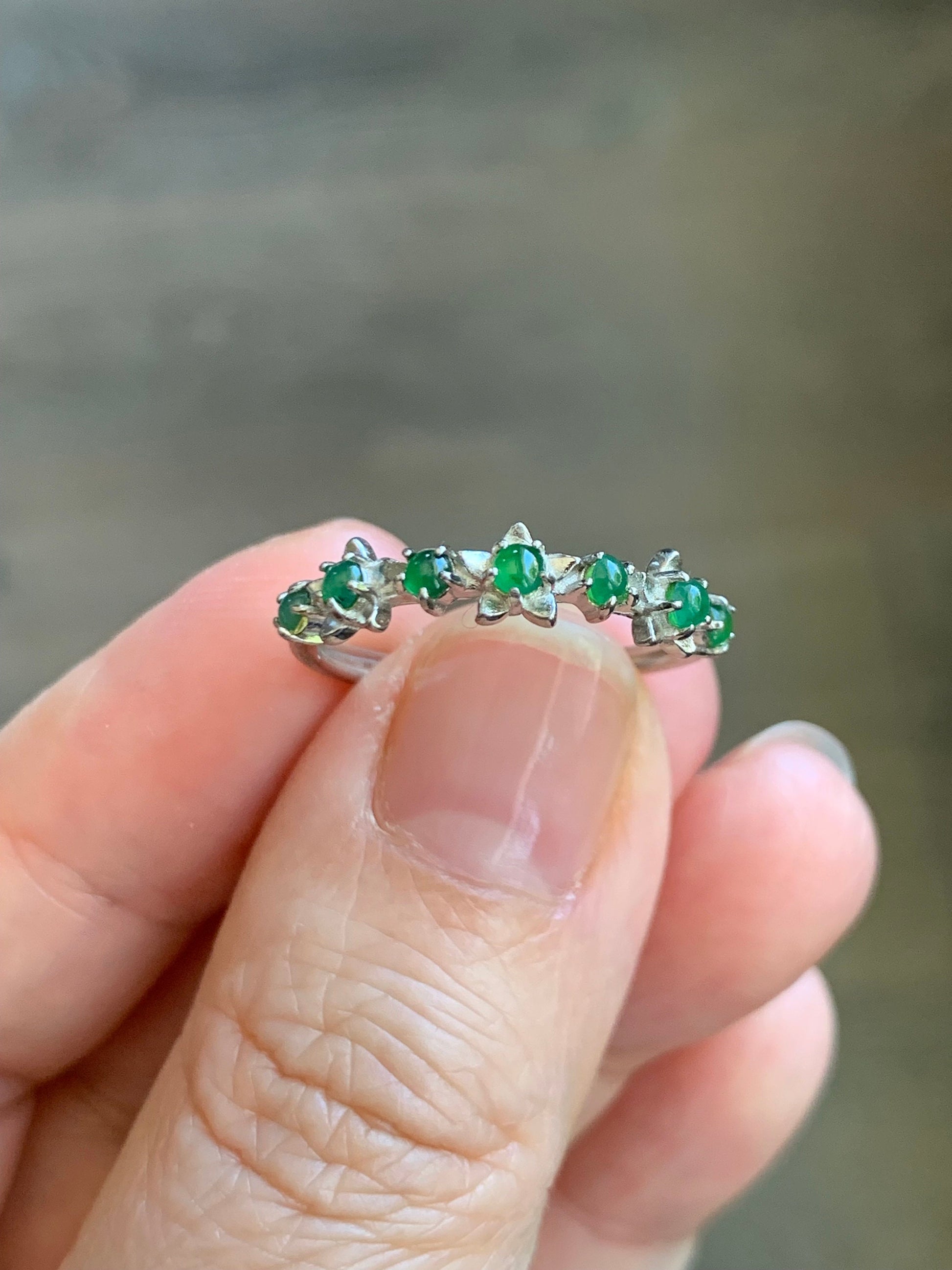 Special! Natural Burmese Icy Translucent Green Jadeite Spring Flower 7-Stone Ring Sterling Silver Adjustable Size 7 天然缅甸冰绿翡翠银镶戒指 MLP60