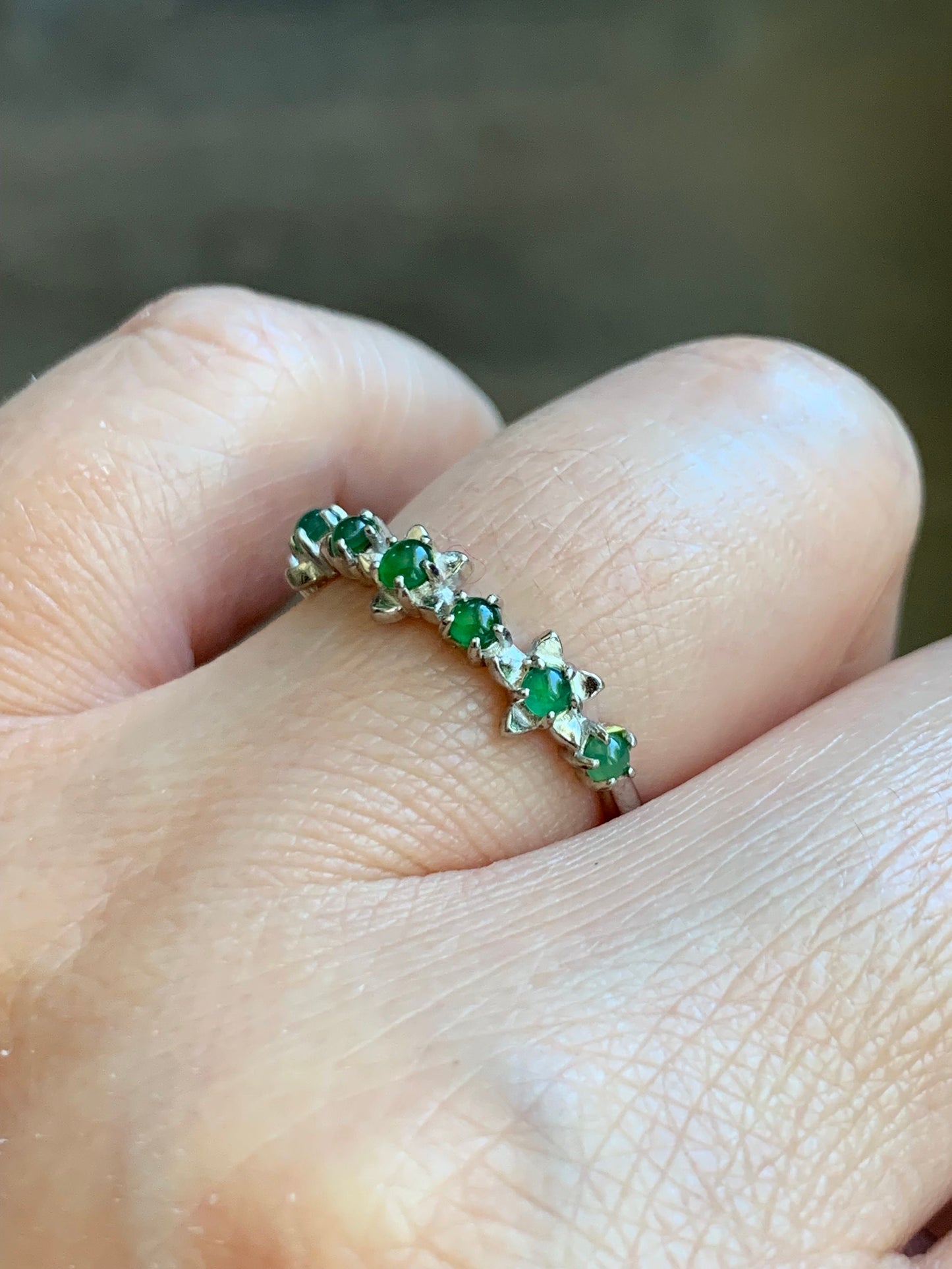 Special! Natural Burmese Icy Translucent Green Jadeite Spring Flower 7-Stone Ring Sterling Silver Adjustable Size 7 天然缅甸冰绿翡翠银镶戒指 MLP60
