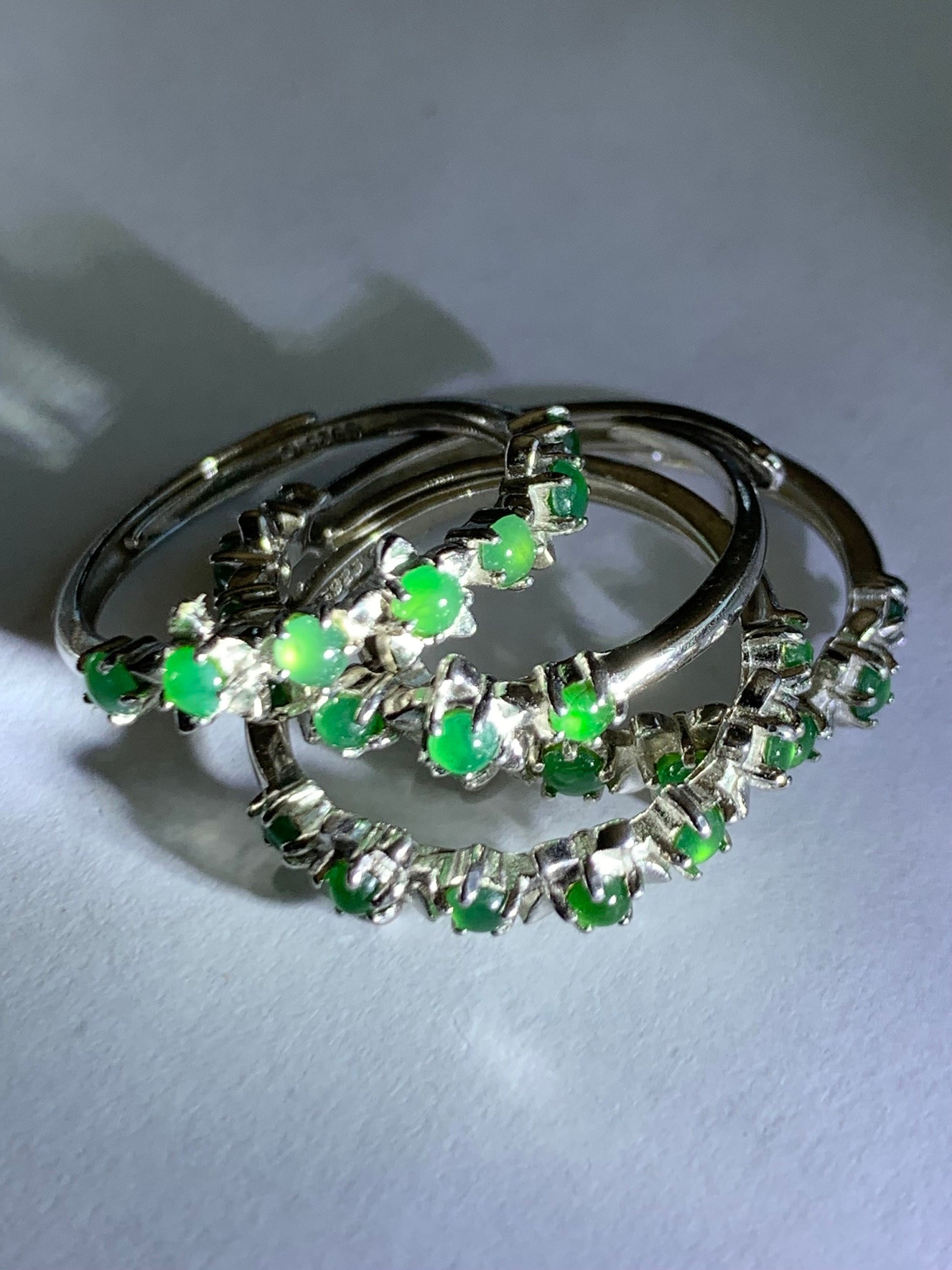 Special! Natural Burmese Icy Translucent Green Jadeite Spring Flower 7-Stone Ring Sterling Silver Adjustable Size 7 天然缅甸冰绿翡翠银镶戒指 MLP60