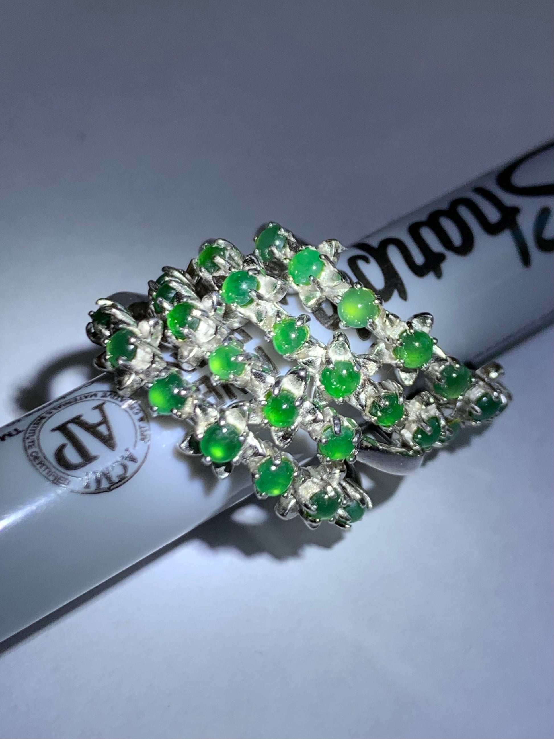 Special! Natural Burmese Icy Translucent Green Jadeite Spring Flower 7-Stone Ring Sterling Silver Adjustable Size 7 天然缅甸冰绿翡翠银镶戒指 MLP60