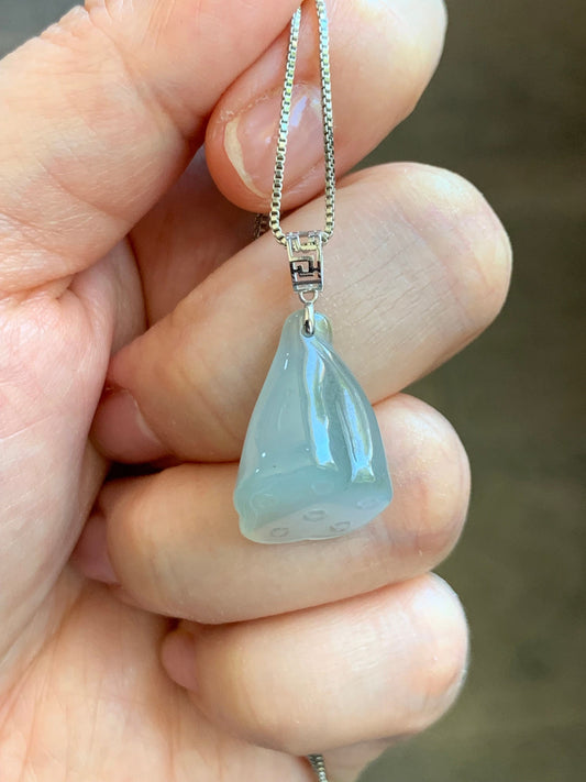 Natural Burmese Icy Translucent Gelatinous Light Green Jadeite Carved Lotus Pod Pendant 18K White Gold 天然缅甸冰晴底翡翠莲蓬镶嵌吊坠