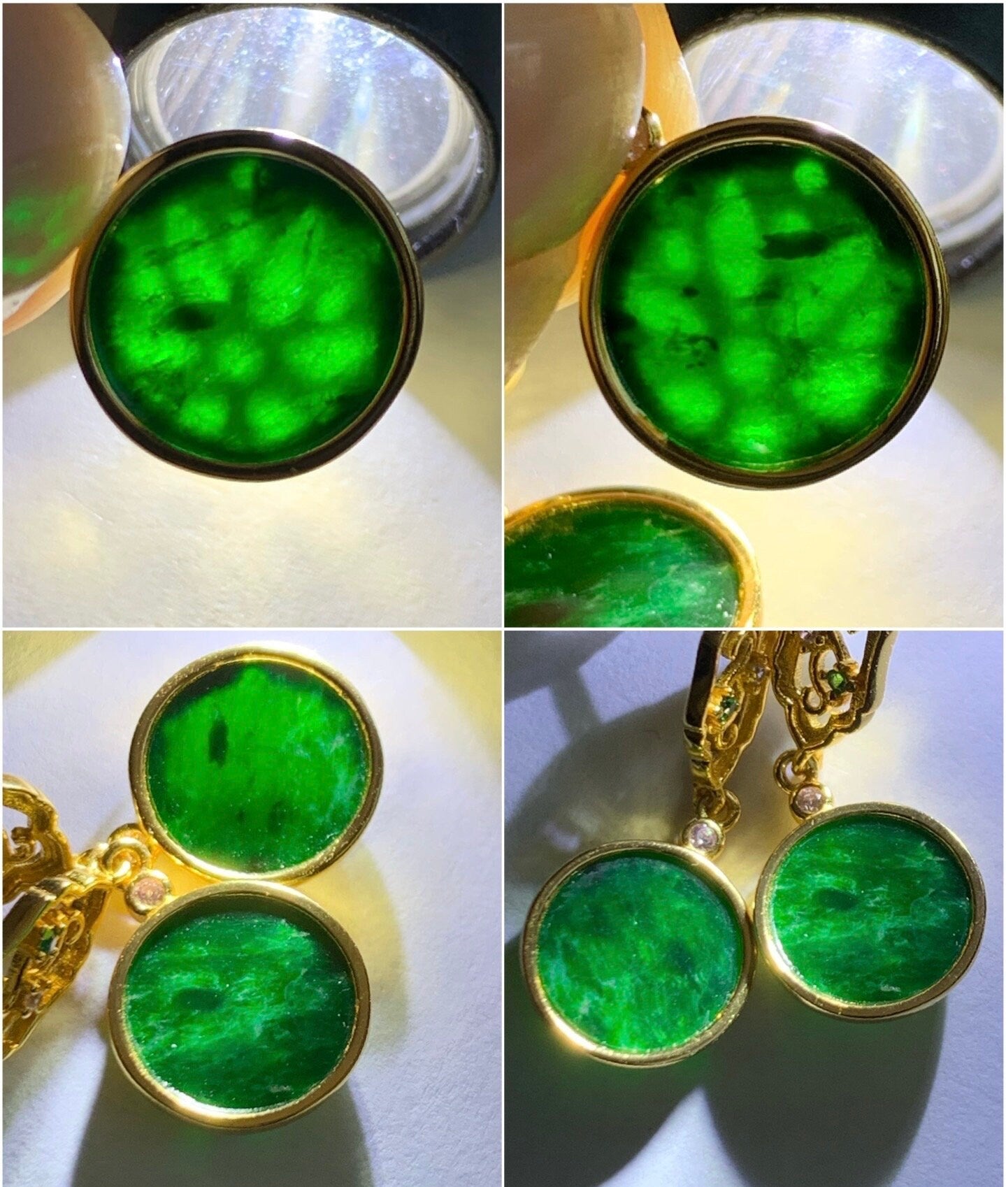 Certified Natural Burmese Icy Vibrant Green Jadeite Coin Dangle Stud Earrings S925 Sterling Silver Yellow Gold Overlay 天然缅甸花青翡翠银镶耳钉 7120