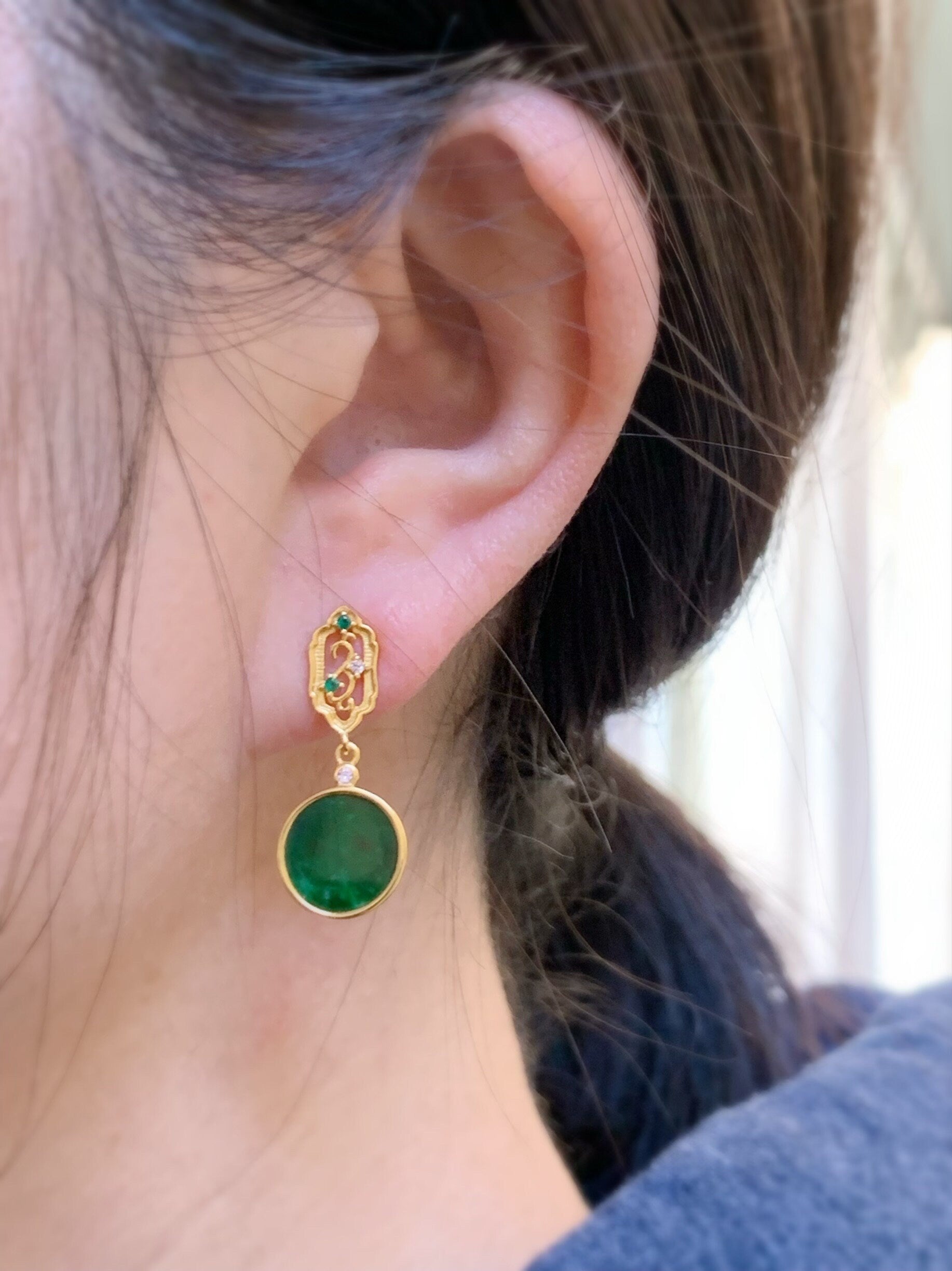 Certified Natural Burmese Icy Vibrant Green Jadeite Coin Dangle Stud Earrings S925 Sterling Silver Yellow Gold Overlay 天然缅甸花青翡翠银镶耳钉 7120