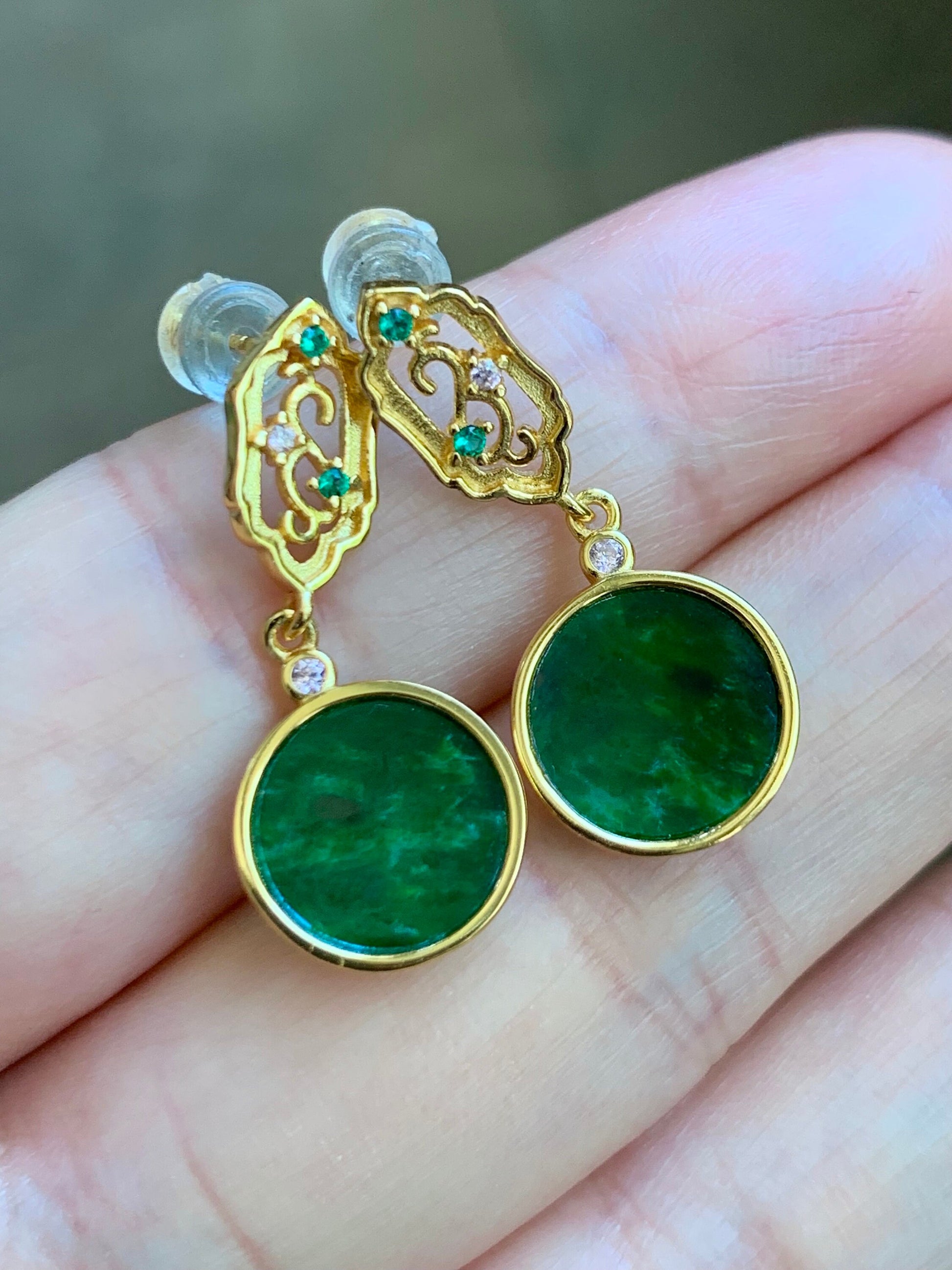 Certified Natural Burmese Icy Vibrant Green Jadeite Coin Dangle Stud Earrings S925 Sterling Silver Yellow Gold Overlay 天然缅甸花青翡翠银镶耳钉 7120