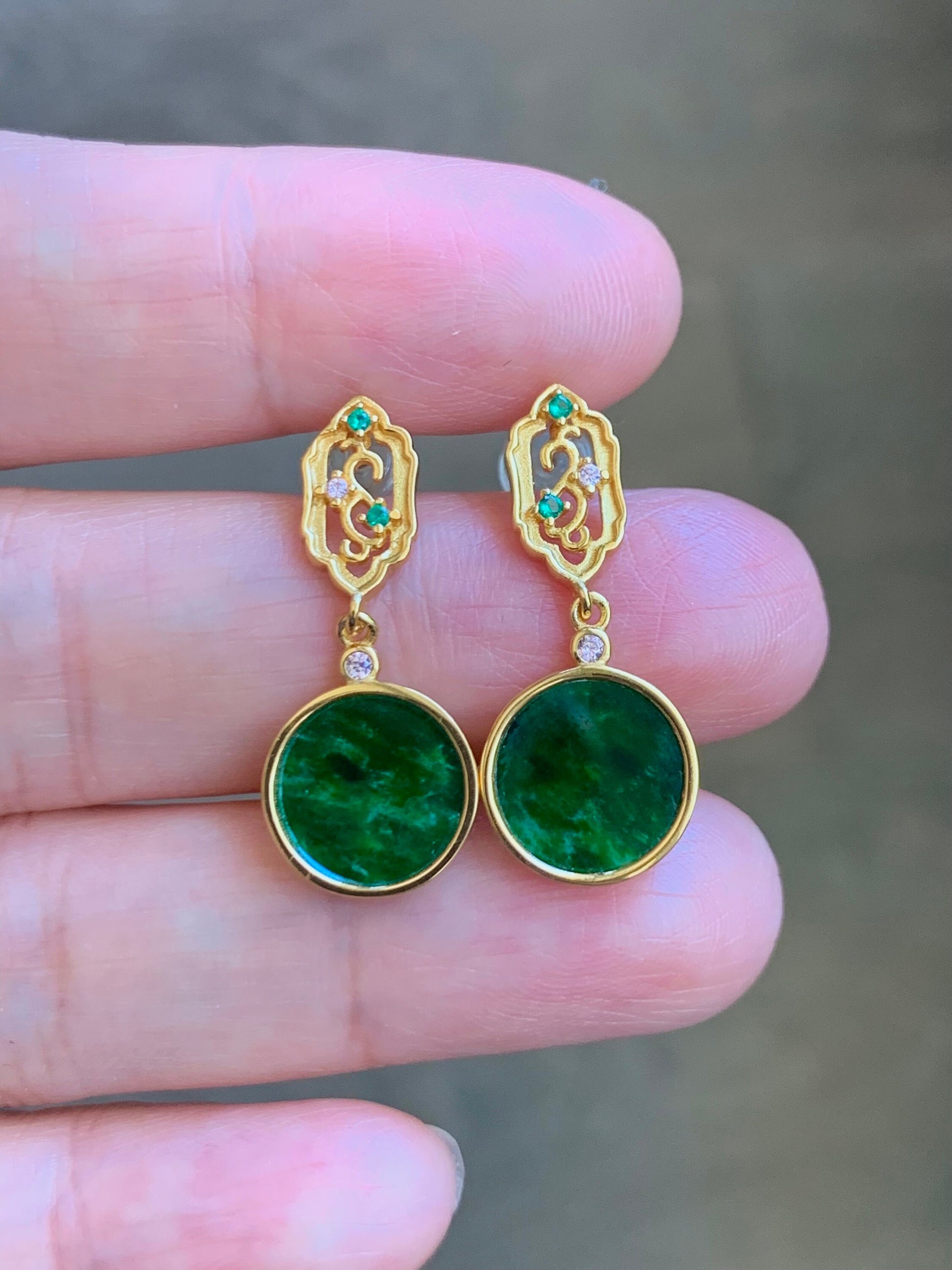 Certified Natural Burmese Icy Vibrant Green Jadeite Coin Dangle Stud Earrings S925 Sterling Silver Yellow Gold Overlay 天然缅甸花青翡翠银镶耳钉 7120