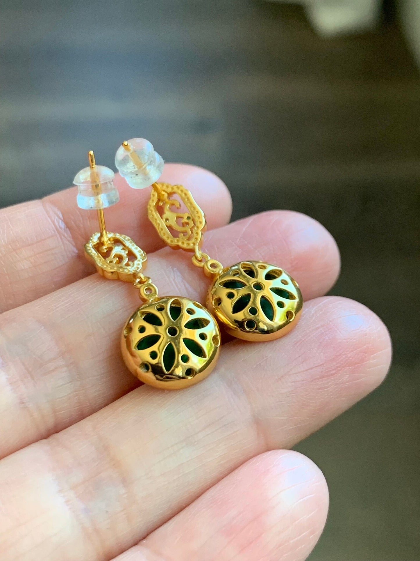 Certified Natural Burmese Icy Vibrant Green Jadeite Coin Dangle Stud Earrings S925 Sterling Silver Yellow Gold Overlay 天然缅甸花青翡翠银镶耳钉 7120