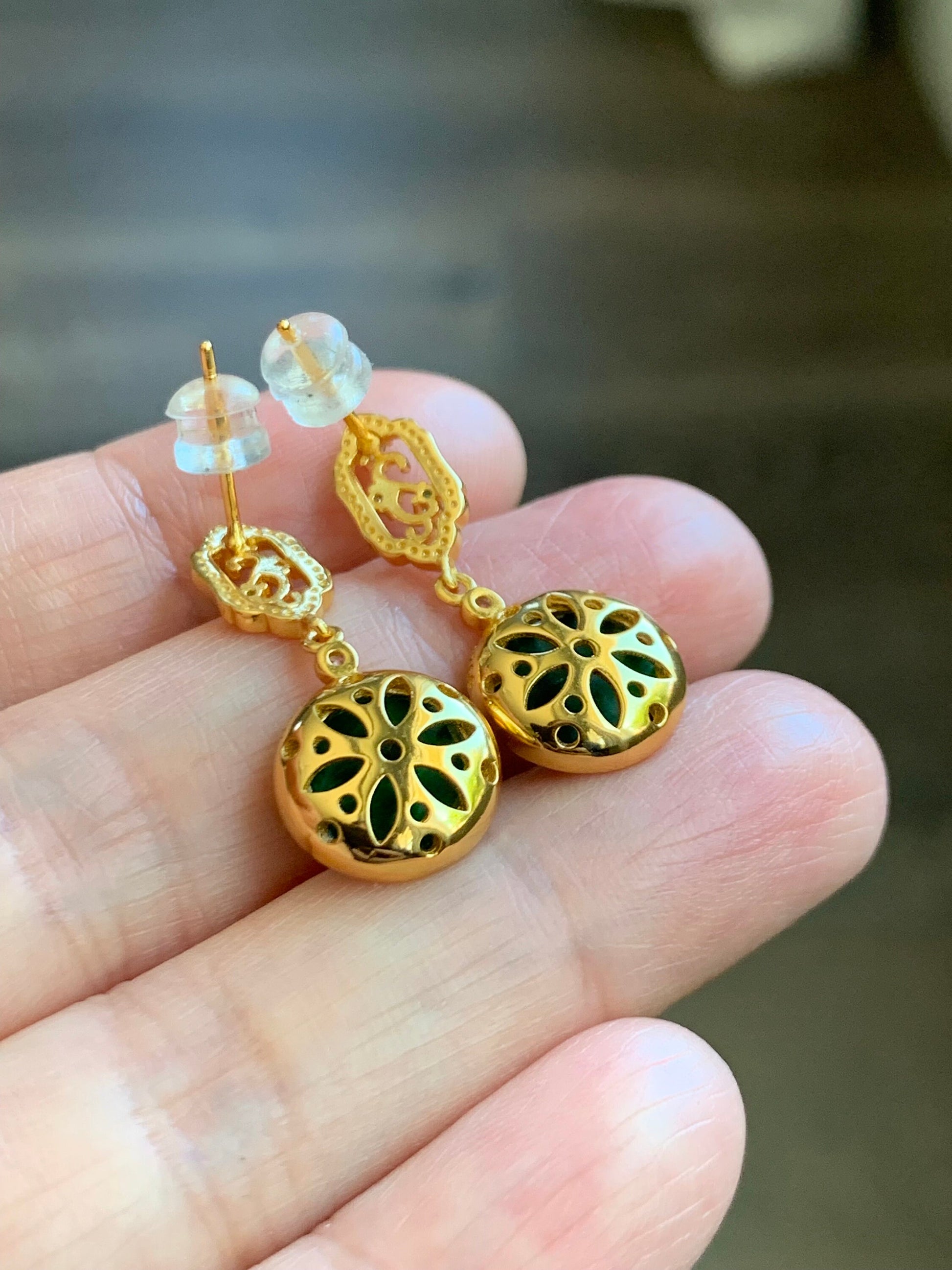 Certified Natural Burmese Icy Vibrant Green Jadeite Coin Dangle Stud Earrings S925 Sterling Silver Yellow Gold Overlay 天然缅甸花青翡翠银镶耳钉 7120