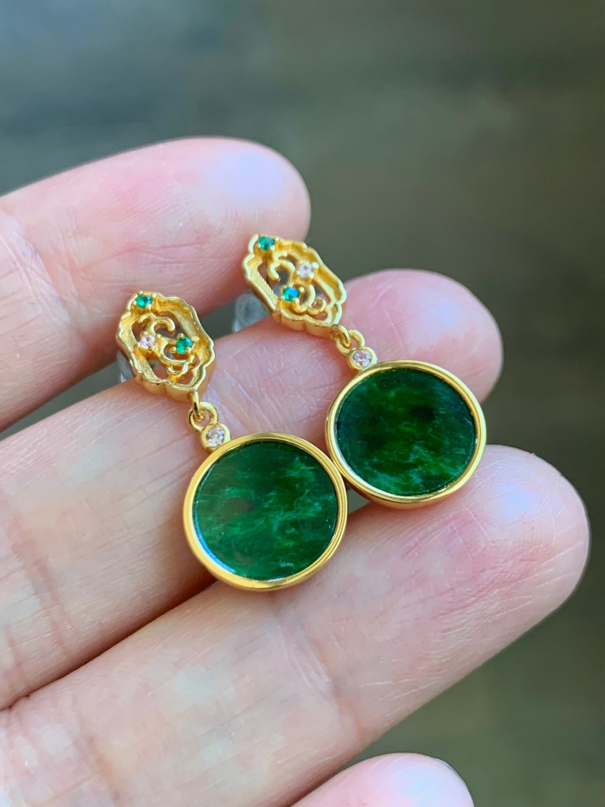 Certified Natural Burmese Icy Vibrant Green Jadeite Coin Dangle Stud Earrings S925 Sterling Silver Yellow Gold Overlay 天然缅甸花青翡翠银镶耳钉 7120
