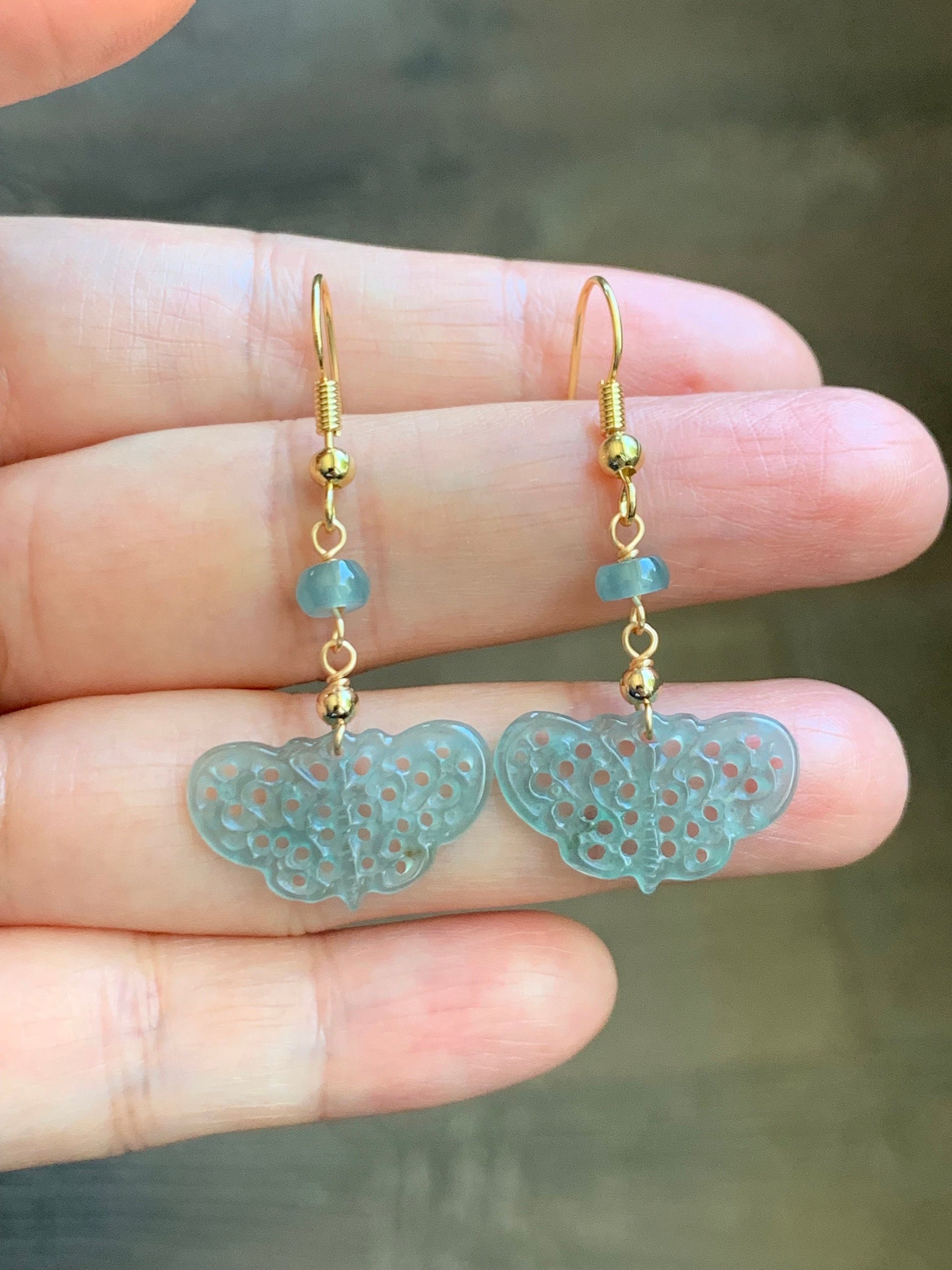 Natural Guatemalan Icy Highly Translucent Light Blue Jadeite Openwork Engraved Butterfly Dangle Earrings 14K gold plated 天然冰危蓝翡翠镂空雕蝴蝶包金耳钩