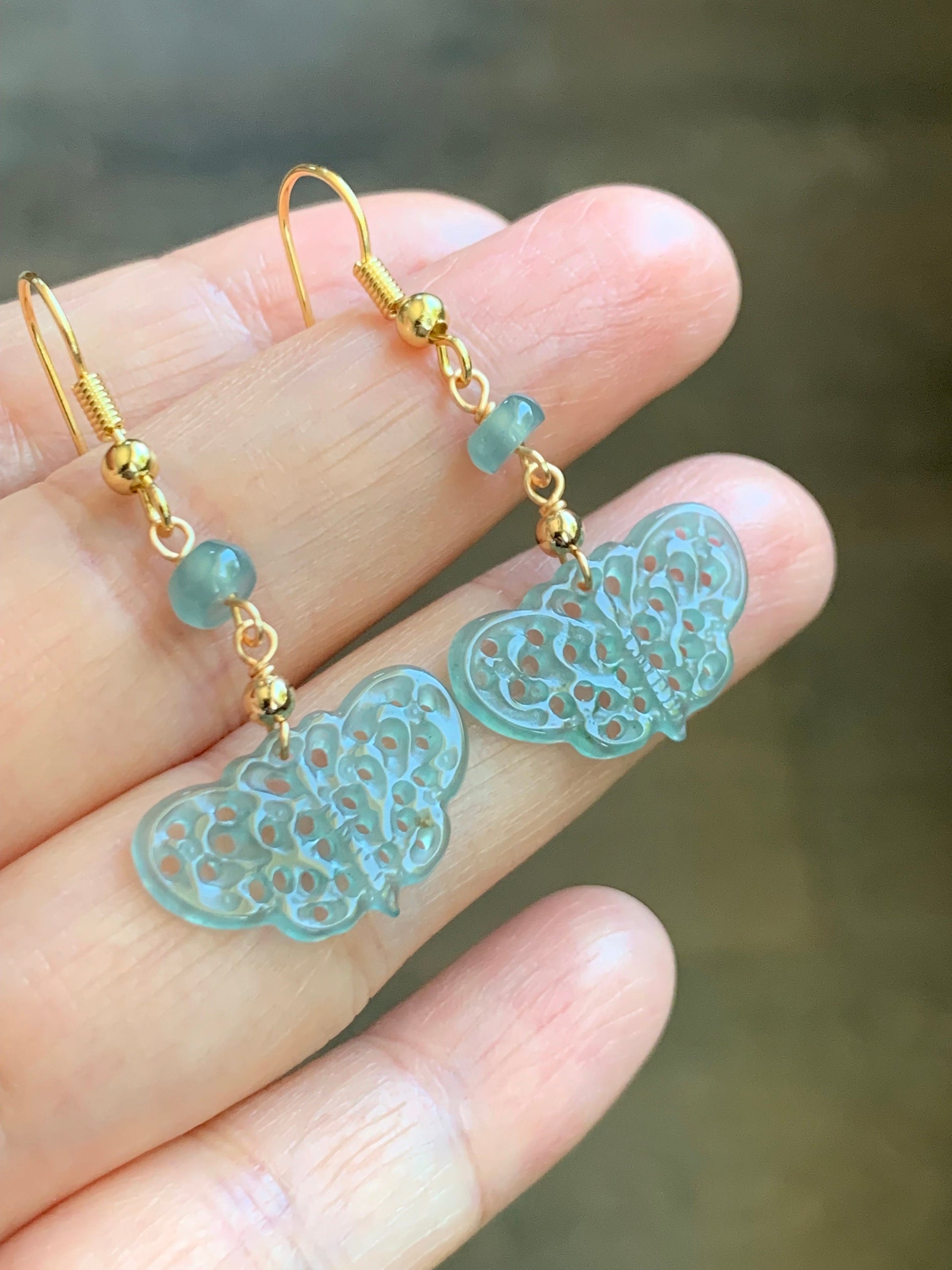 Natural Guatemalan Icy Highly Translucent Light Blue Jadeite Openwork Engraved Butterfly Dangle Earrings 14K gold plated 天然冰危蓝翡翠镂空雕蝴蝶包金耳钩