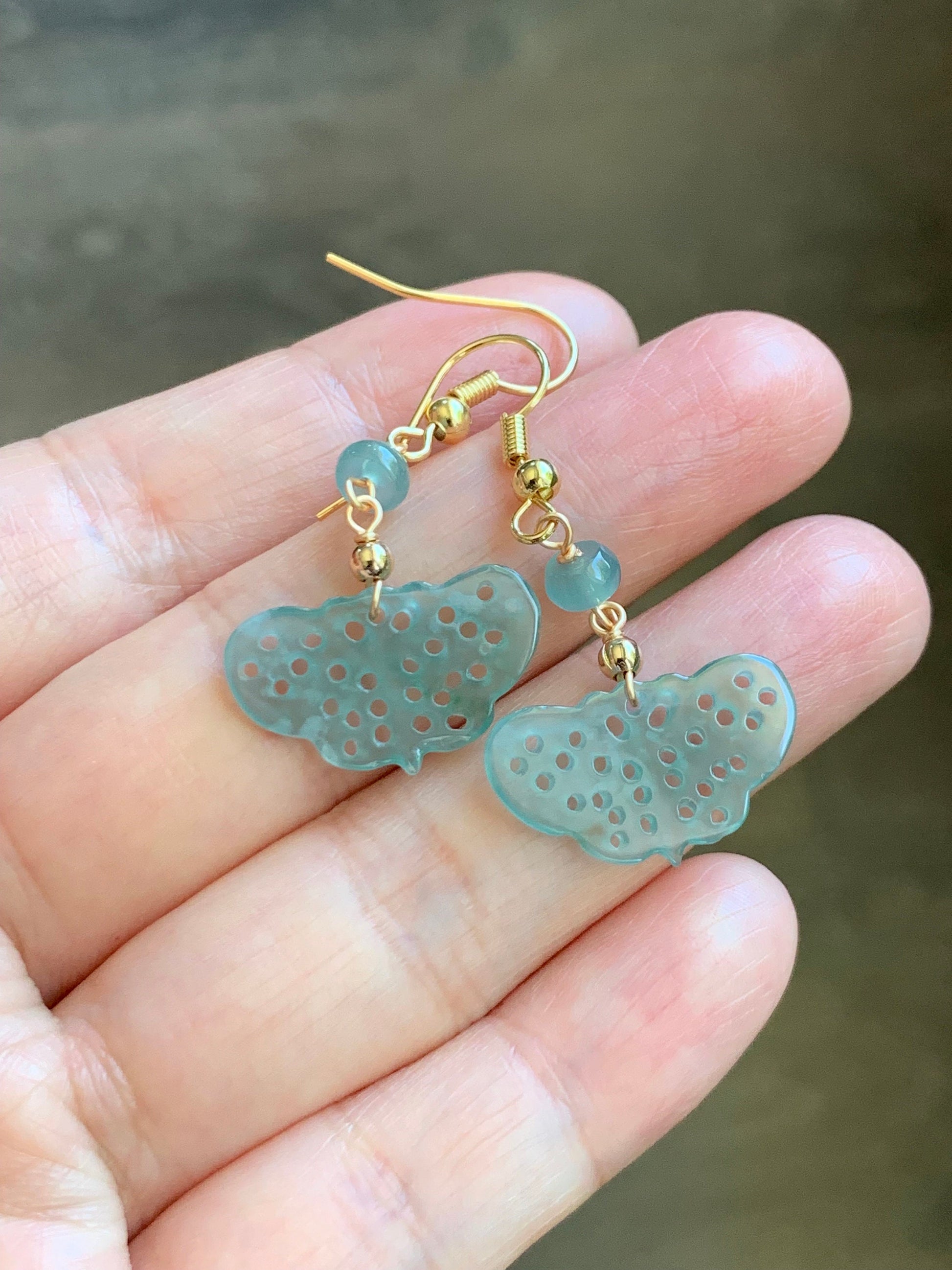 Natural Guatemalan Icy Highly Translucent Light Blue Jadeite Openwork Engraved Butterfly Dangle Earrings 14K gold plated 天然冰危蓝翡翠镂空雕蝴蝶包金耳钩