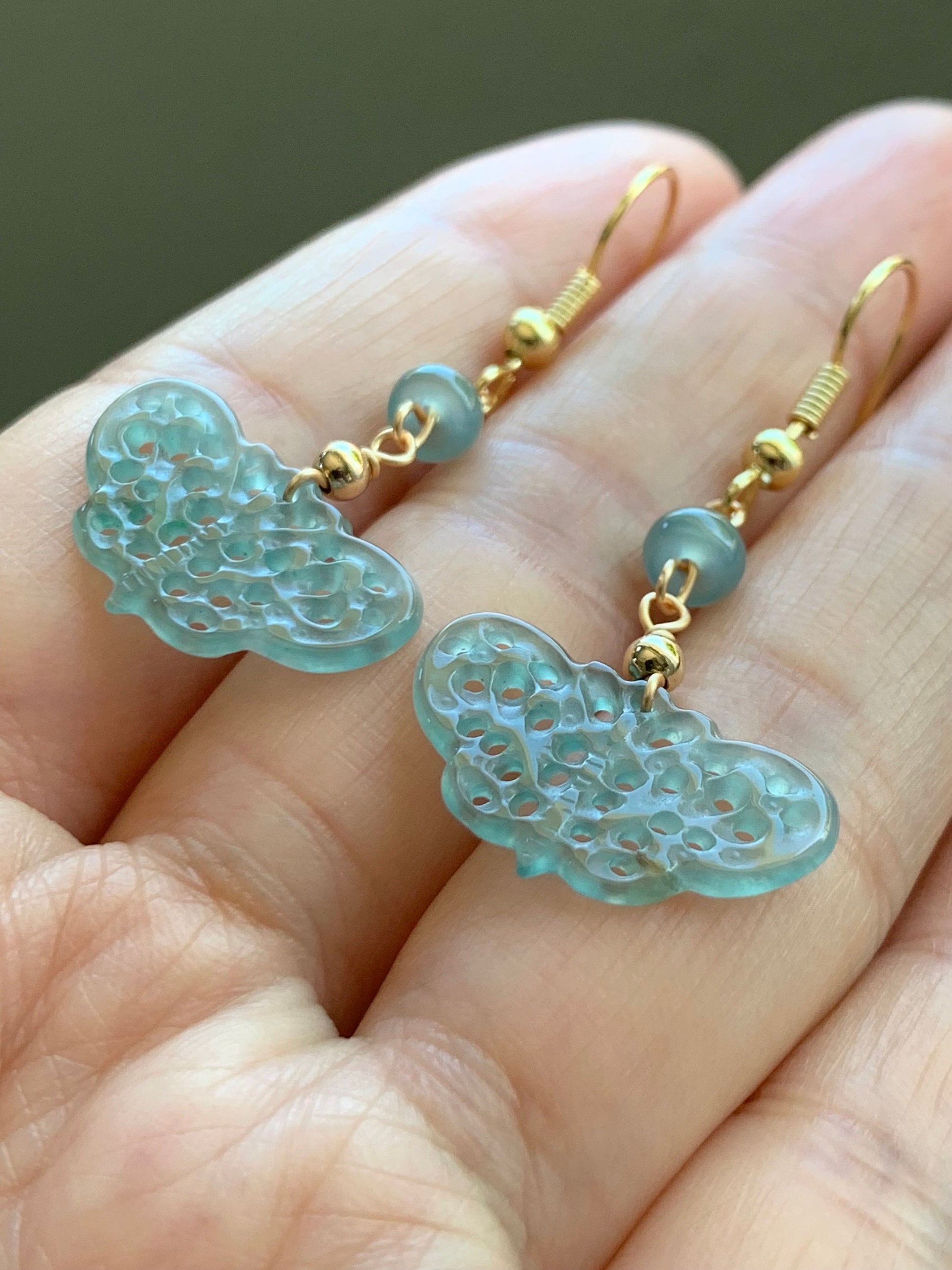 Natural Guatemalan Icy Highly Translucent Light Blue Jadeite Openwork Engraved Butterfly Dangle Earrings 14K gold plated 天然冰危蓝翡翠镂空雕蝴蝶包金耳钩