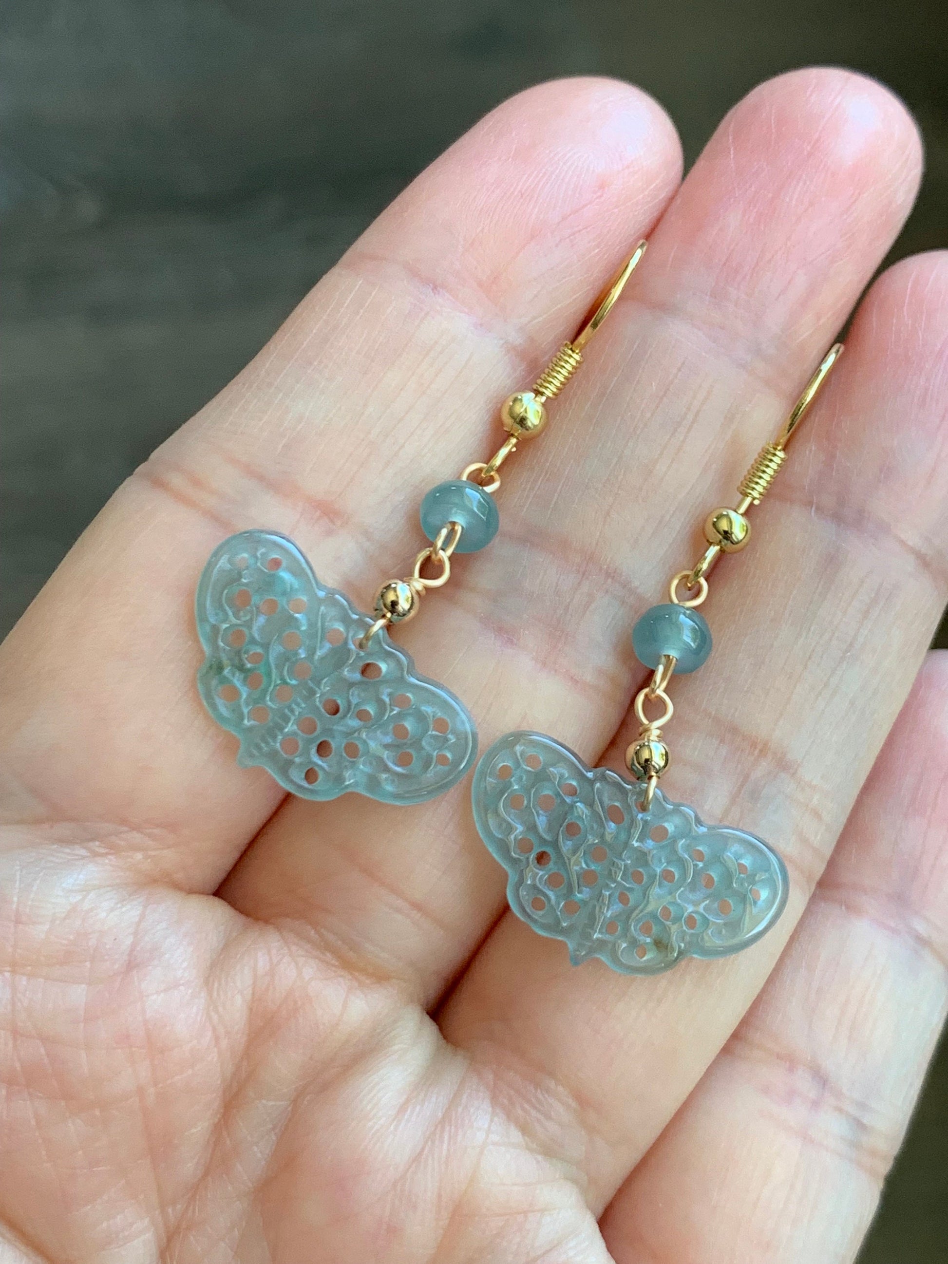 Natural Guatemalan Icy Highly Translucent Light Blue Jadeite Openwork Engraved Butterfly Dangle Earrings 14K gold plated 天然冰危蓝翡翠镂空雕蝴蝶包金耳钩