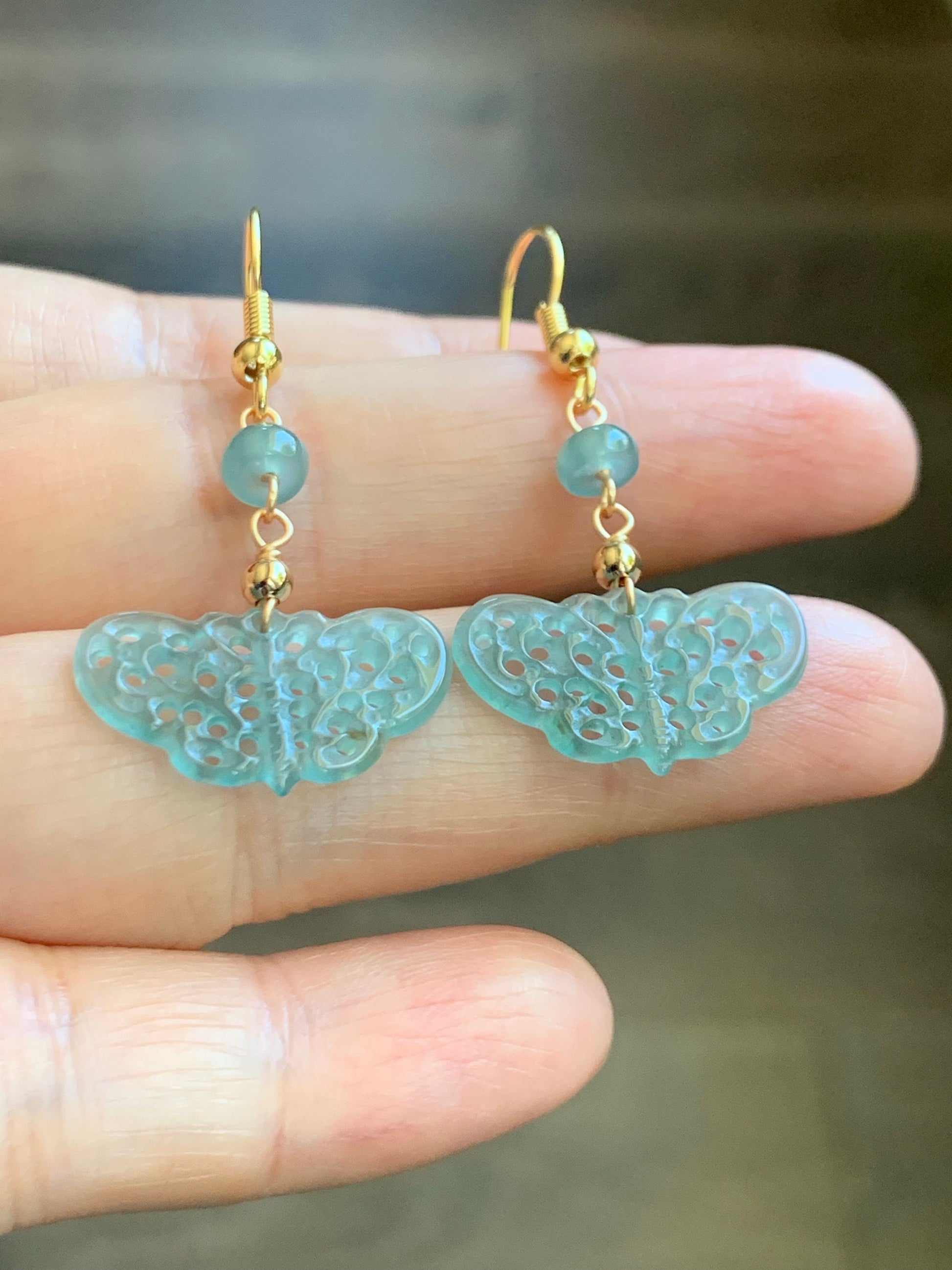 Natural Guatemalan Icy Highly Translucent Light Blue Jadeite Openwork Engraved Butterfly Dangle Earrings 14K gold plated 天然冰危蓝翡翠镂空雕蝴蝶包金耳钩