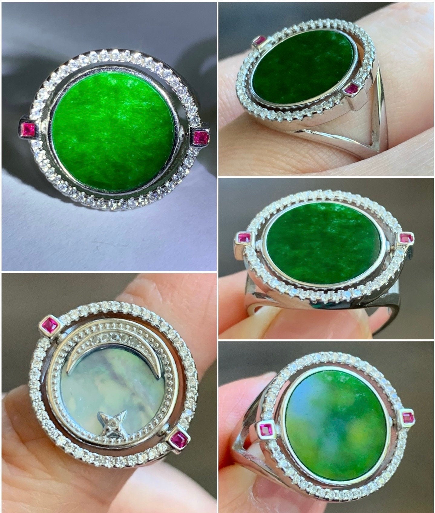 Natural Burmese Grade A Icy Translucent Vibrant Green Jadeite MOP Flip Ring Sterling Silver Size 6 Adjustable 6g 天然缅甸阳绿花青翡翠贝母双面银镶戒指 HQY200