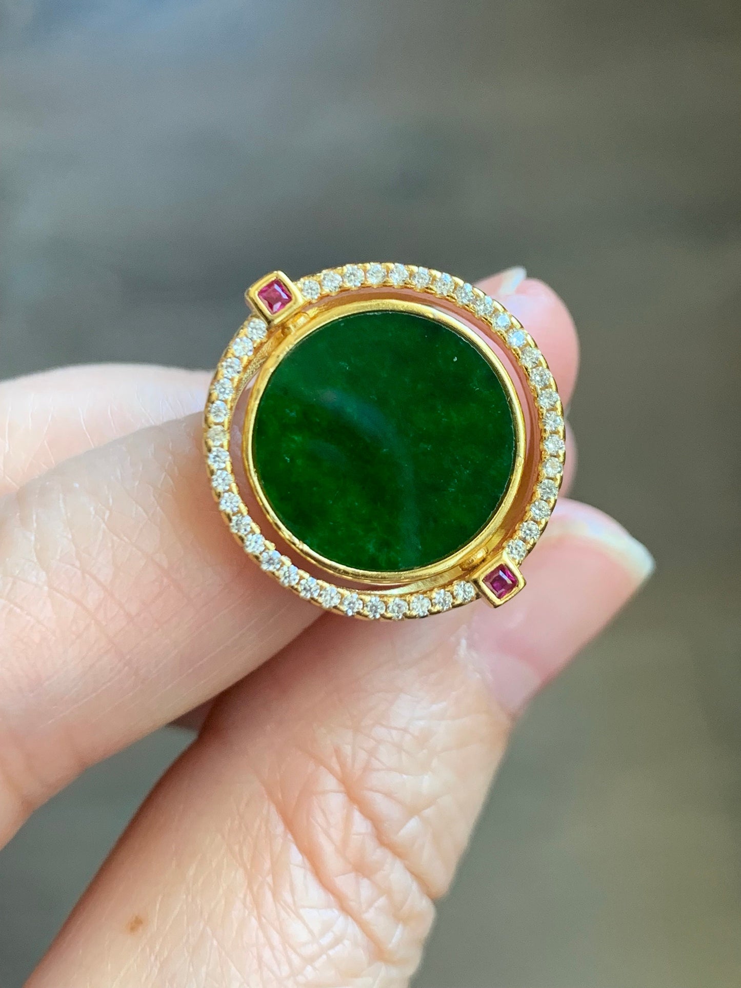 Natural Burmese Grade A Icy Translucent Vibrant Green Jadeite MOP Flip Ring Sterling Silver Size 6 Adjustable 6g 天然缅甸阳绿花青翡翠贝母双面银镶戒指 HQY200