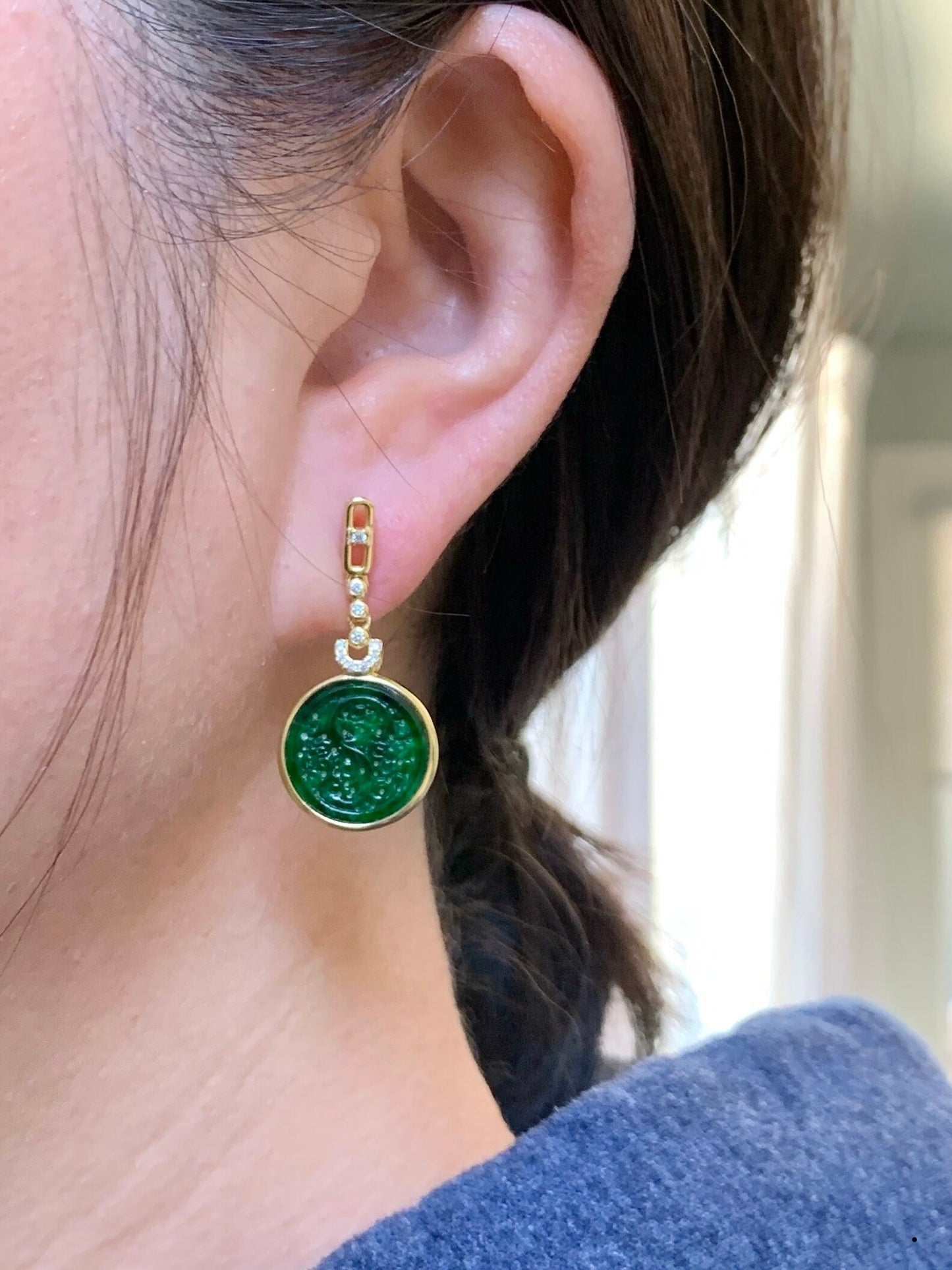Certified Natural Burmese Grade A Icy Rich Green Jadeite Engraved Coin Dangle Earrings Sterling Silver YG Overlay 天然缅甸冰浓绿翡翠仿古雕银镶耳环 7121