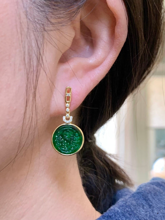 Certified Natural Burmese Grade A Icy Rich Green Jadeite Engraved Coin Dangle Earrings Sterling Silver YG Overlay 天然缅甸冰浓绿翡翠仿古雕银镶耳环 7121