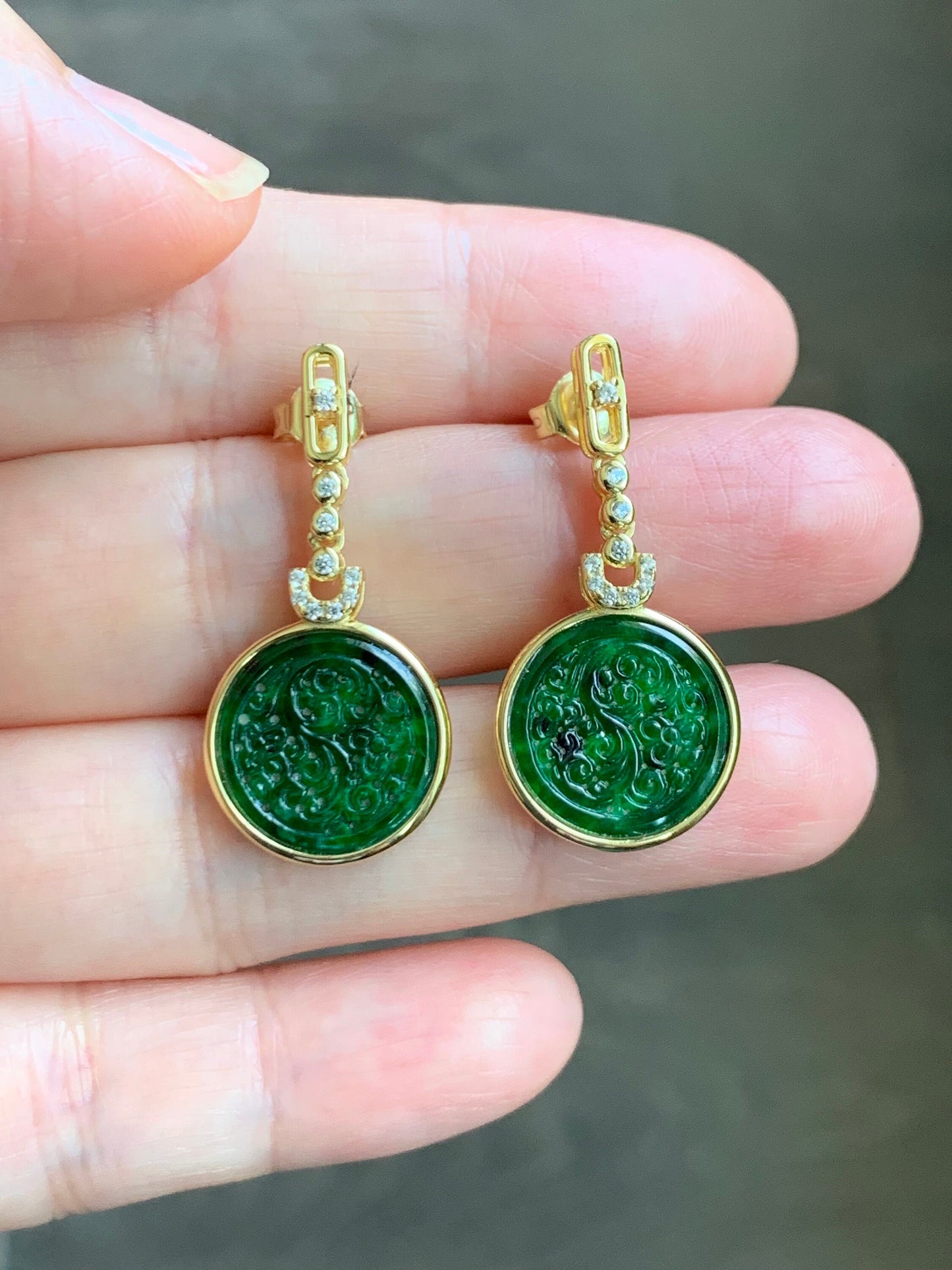 Certified Natural Burmese Grade A Icy Rich Green Jadeite Engraved Coin Dangle Earrings Sterling Silver YG Overlay 天然缅甸冰浓绿翡翠仿古雕银镶耳环 7121
