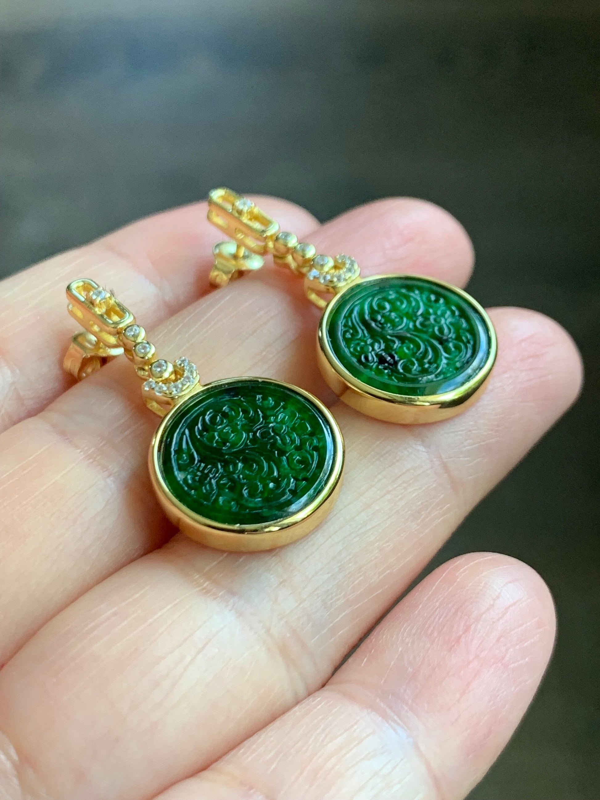 Certified Natural Burmese Grade A Icy Rich Green Jadeite Engraved Coin Dangle Earrings Sterling Silver YG Overlay 天然缅甸冰浓绿翡翠仿古雕银镶耳环 7121