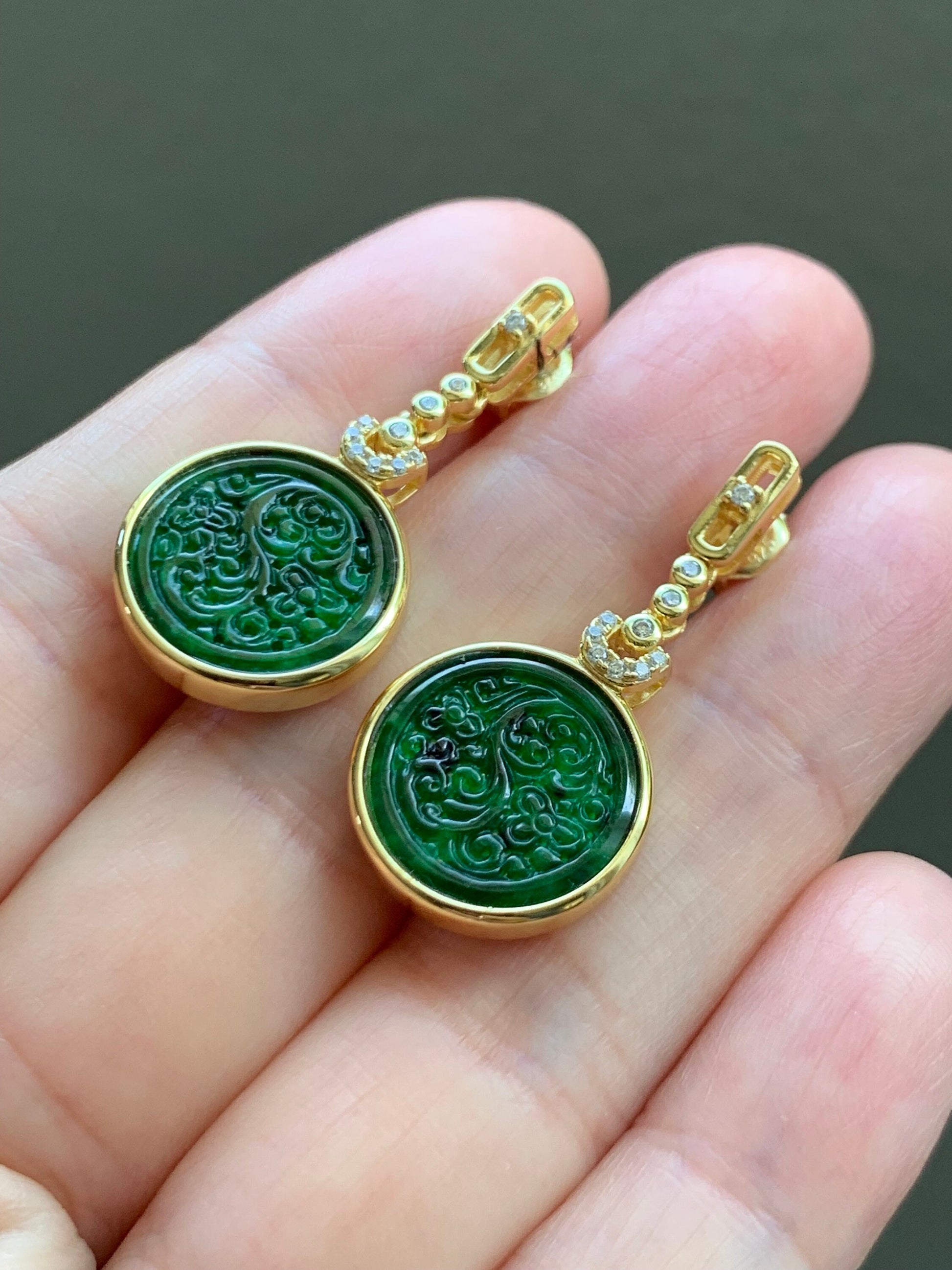 Certified Natural Burmese Grade A Icy Rich Green Jadeite Engraved Coin Dangle Earrings Sterling Silver YG Overlay 天然缅甸冰浓绿翡翠仿古雕银镶耳环 7121