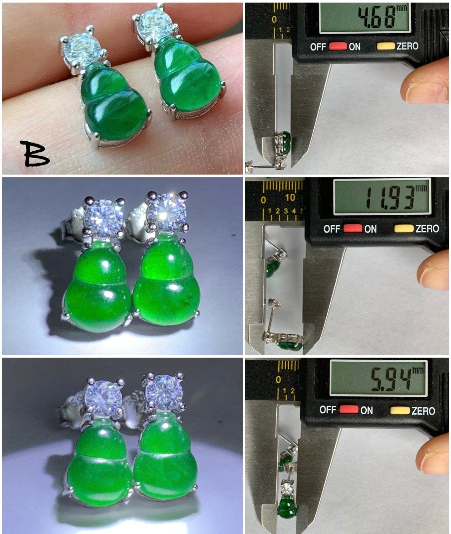 Natural Guatemalan Icy Translucent Green Jadeite Gourd Hulu Stud Earrings S925 Sterling Silver Yellow Gold Overlay 天然冰危绿翡翠葫芦银镶耳钉