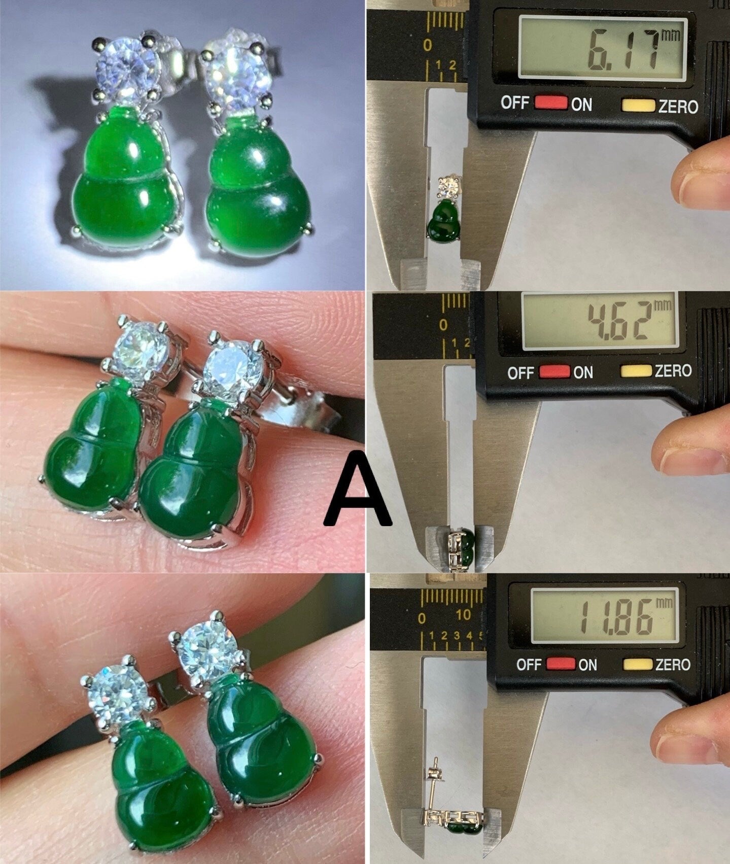 Natural Guatemalan Icy Translucent Green Jadeite Gourd Hulu Stud Earrings S925 Sterling Silver Yellow Gold Overlay 天然冰危绿翡翠葫芦银镶耳钉