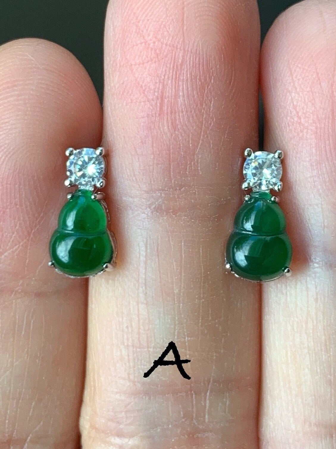 Natural Guatemalan Icy Translucent Green Jadeite Gourd Hulu Stud Earrings S925 Sterling Silver Yellow Gold Overlay 天然冰危绿翡翠葫芦银镶耳钉