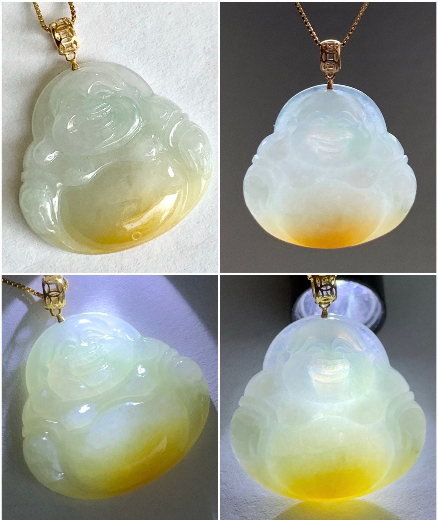 Natural Burmese Icy Translucent White Yellow & Light Green Marbled Tricolored Jadeite Buddha Pendant 18K Yellow Gold 天然缅甸白冰三彩翡翠佛公镶嵌吊坠