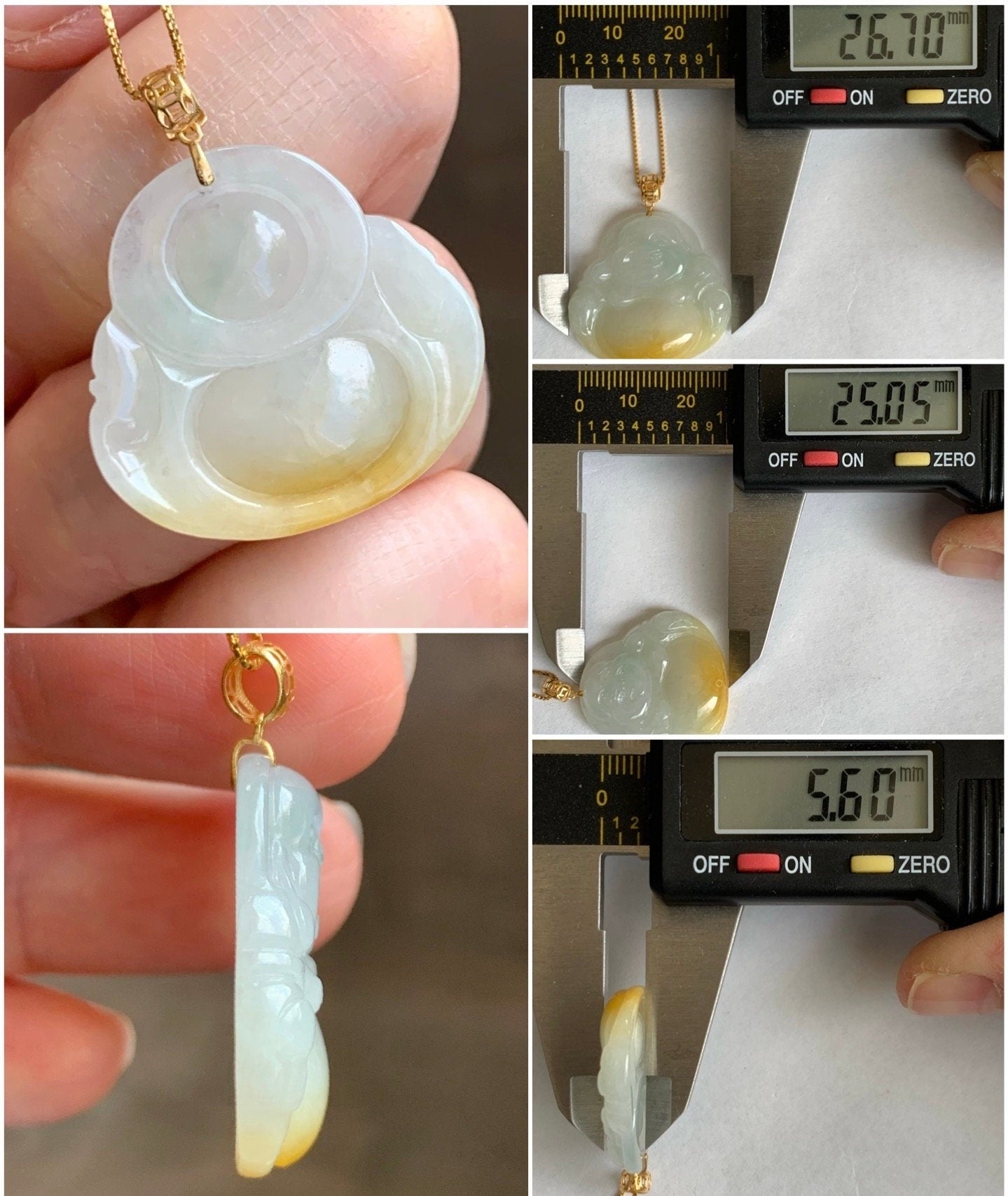Natural Burmese Icy Translucent White Yellow & Light Green Marbled Tricolored Jadeite Buddha Pendant 18K Yellow Gold 天然缅甸白冰三彩翡翠佛公镶嵌吊坠