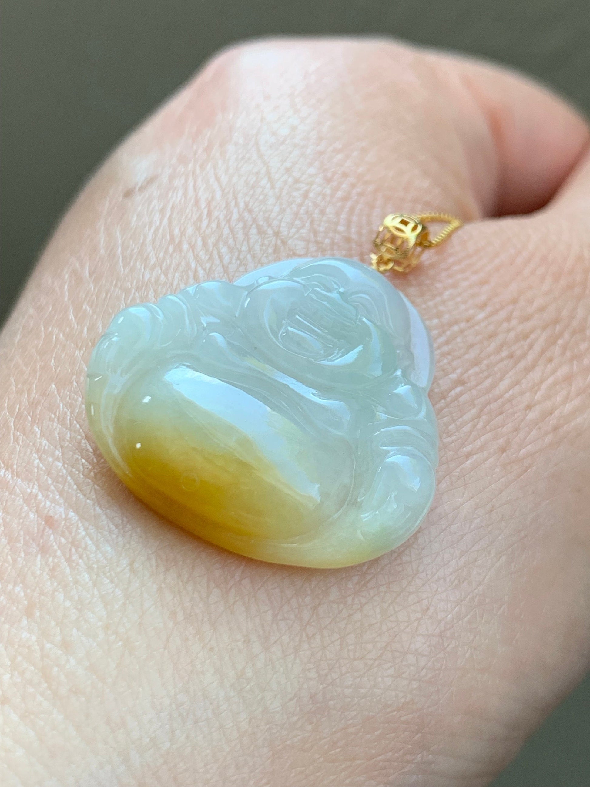 Natural Burmese Icy Translucent White Yellow & Light Green Marbled Tricolored Jadeite Buddha Pendant 18K Yellow Gold 天然缅甸白冰三彩翡翠佛公镶嵌吊坠