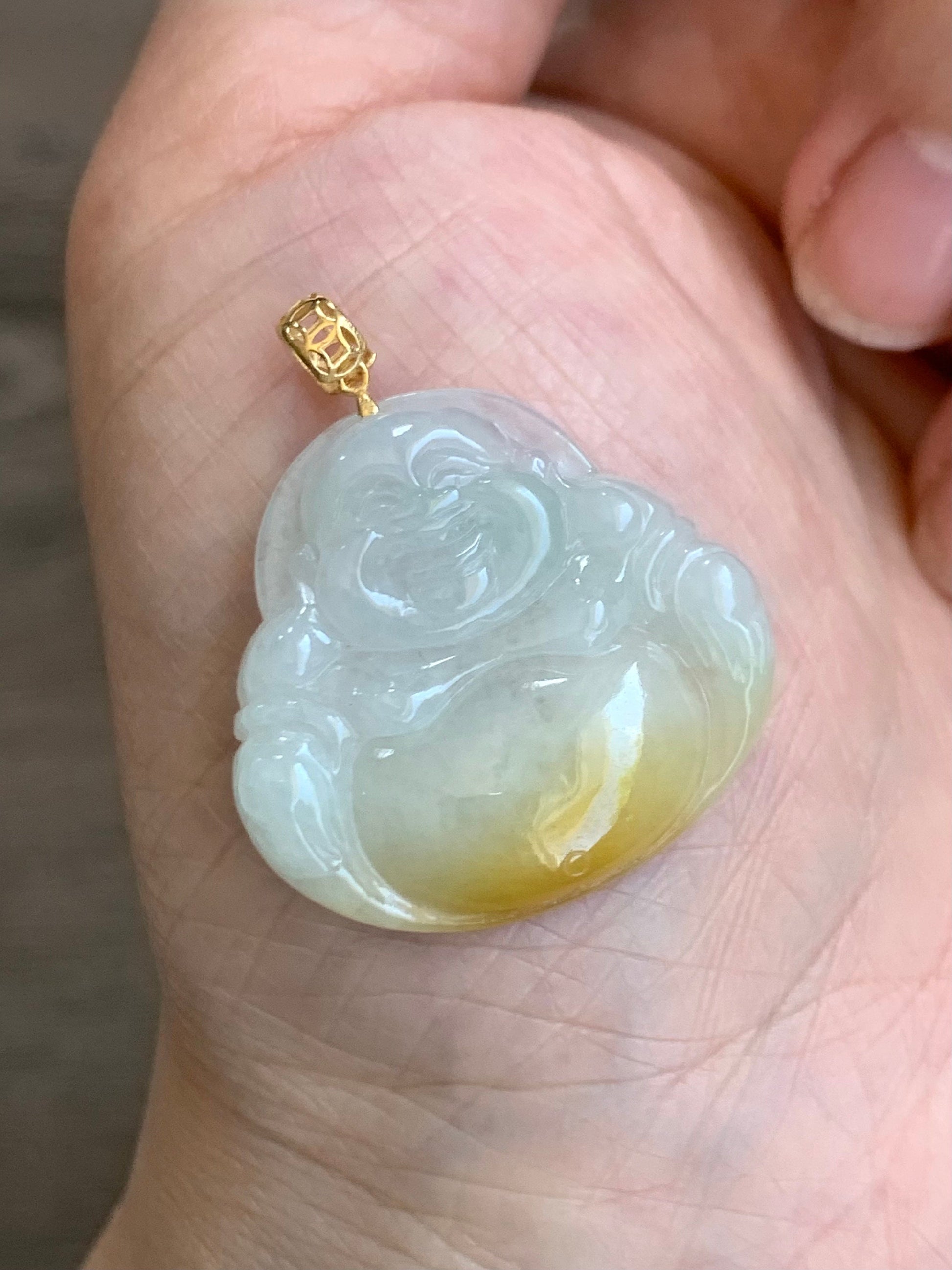 Natural Burmese Icy Translucent White Yellow & Light Green Marbled Tricolored Jadeite Buddha Pendant 18K Yellow Gold 天然缅甸白冰三彩翡翠佛公镶嵌吊坠