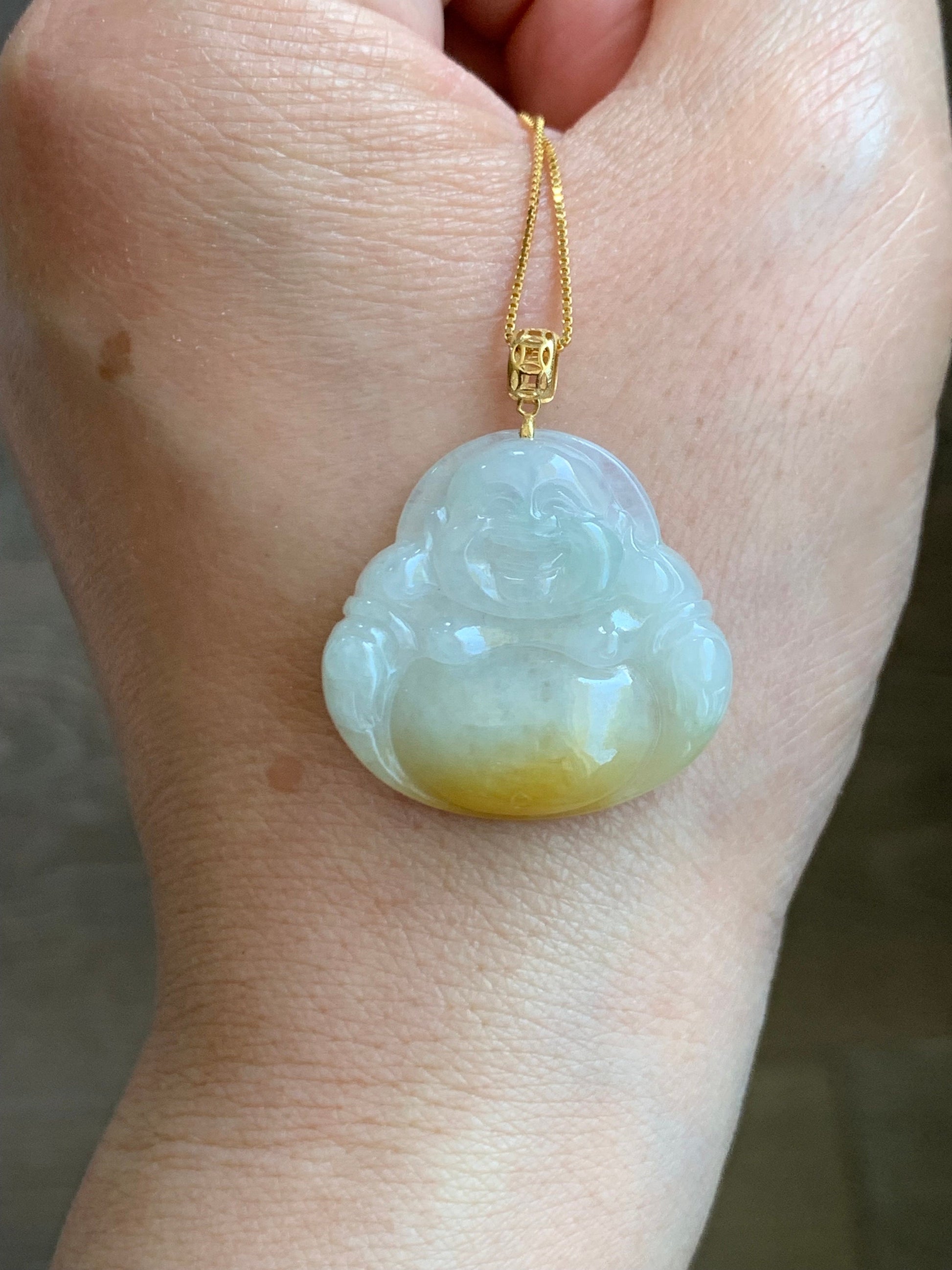 Natural Burmese Icy Translucent White Yellow & Light Green Marbled Tricolored Jadeite Buddha Pendant 18K Yellow Gold 天然缅甸白冰三彩翡翠佛公镶嵌吊坠
