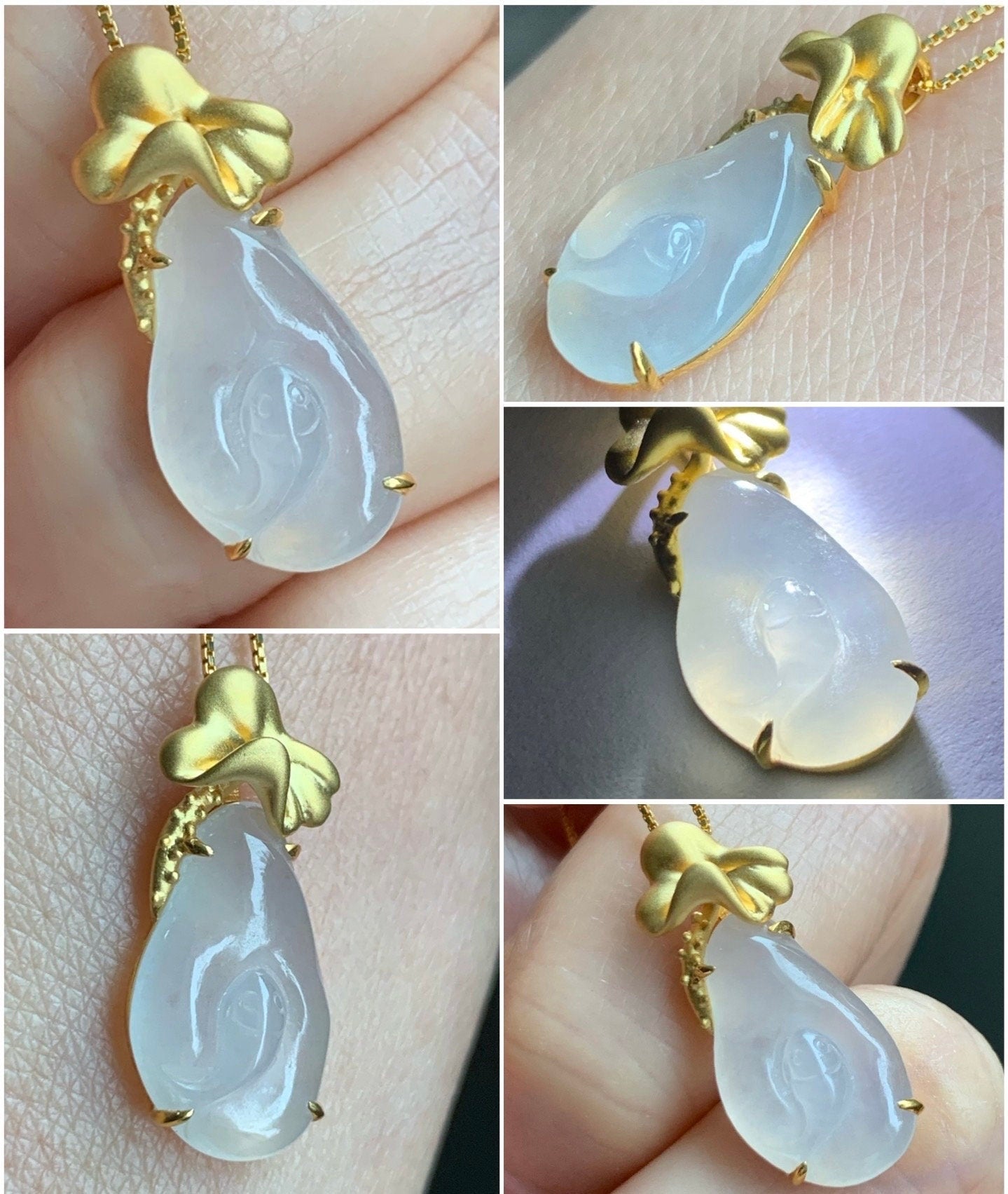 Certified Natural Burmese Icy Translucent Gelatinous Icy White Jadeite Koi Fish & Lily Pad Pendant 18K Yellow Gold 天然缅甸冰胶起光白冰翡翠荷叶鱼镶嵌吊 6846