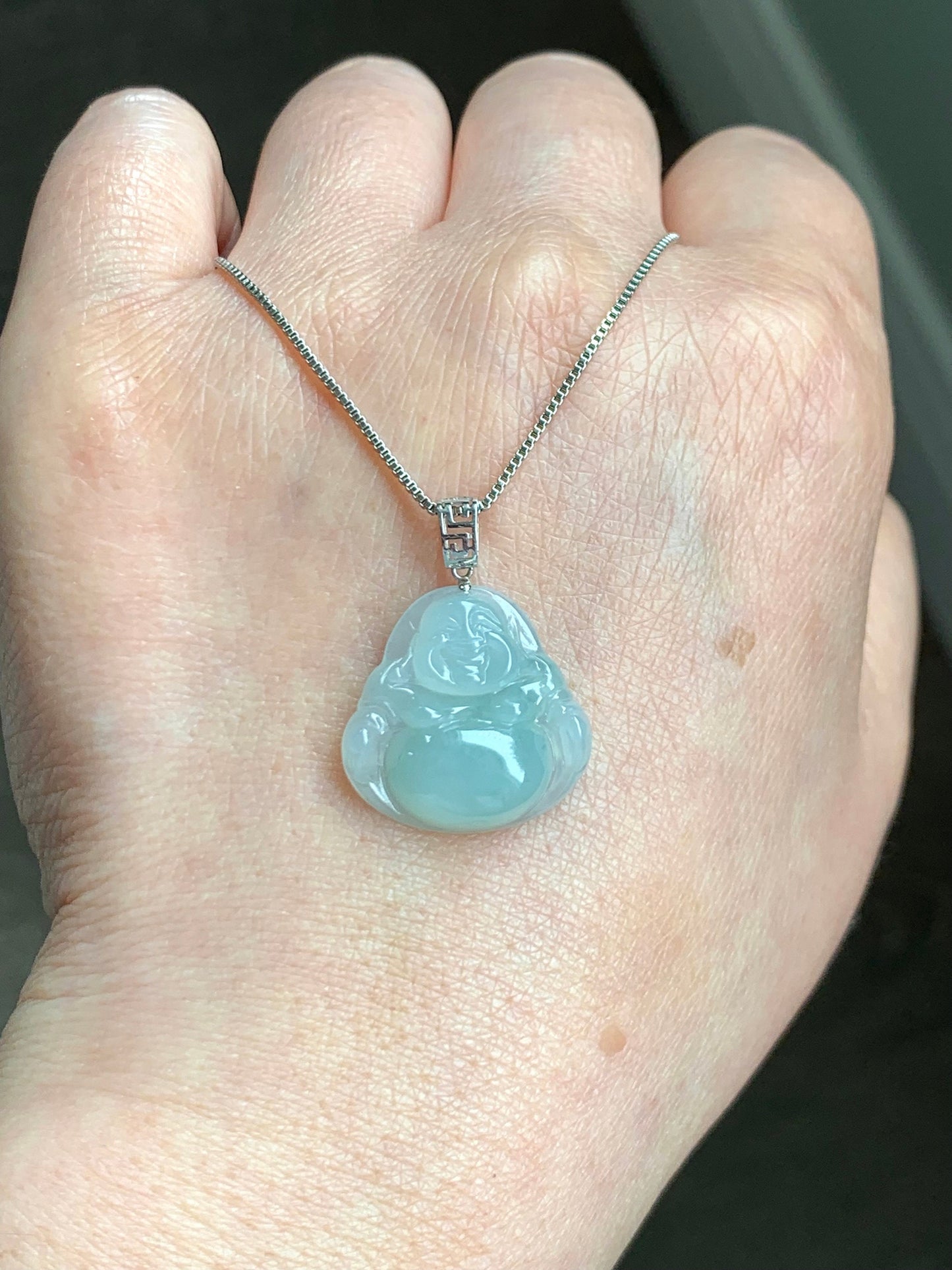 Natural Burmese Icy Translucent Gelatinous Light Green Jadeite Carved Buddha Pendant 18K White Gold 3 grams 天然缅甸冰胶晴底翡翠佛公镶嵌吊坠