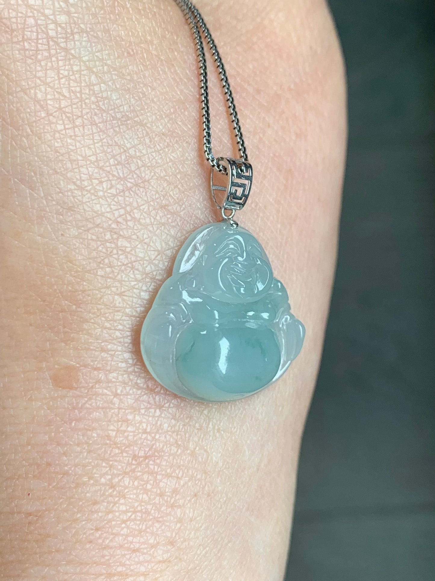 Natural Burmese Icy Translucent Gelatinous Light Green Jadeite Carved Buddha Pendant 18K White Gold 3 grams 天然缅甸冰胶晴底翡翠佛公镶嵌吊坠