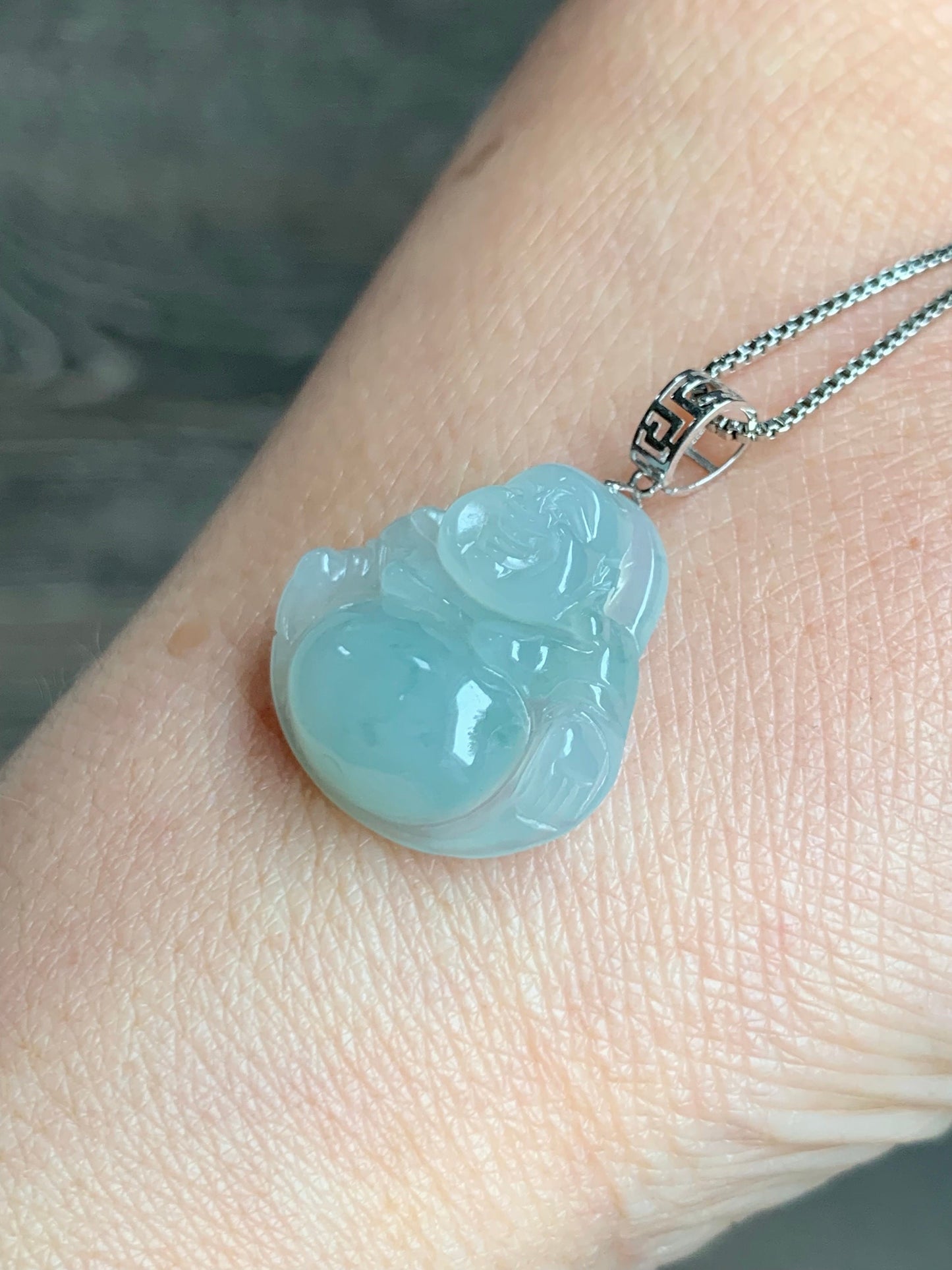 Natural Burmese Icy Translucent Gelatinous Light Green Jadeite Carved Buddha Pendant 18K White Gold 3 grams 天然缅甸冰胶晴底翡翠佛公镶嵌吊坠