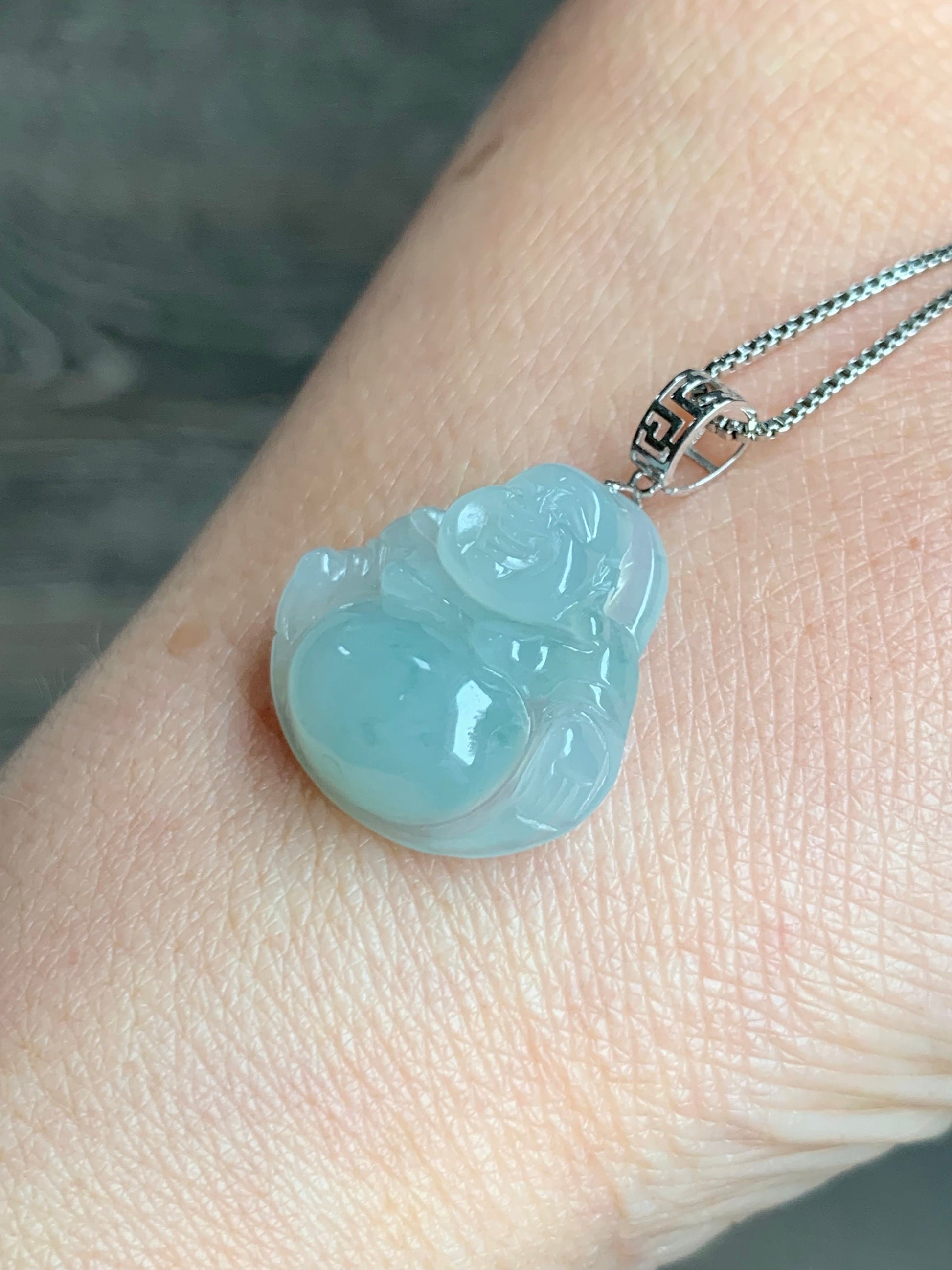 Natural Burmese Icy Translucent Gelatinous Light Green Jadeite Carved Buddha Pendant 18K White Gold 3 grams 天然缅甸冰胶晴底翡翠佛公镶嵌吊坠