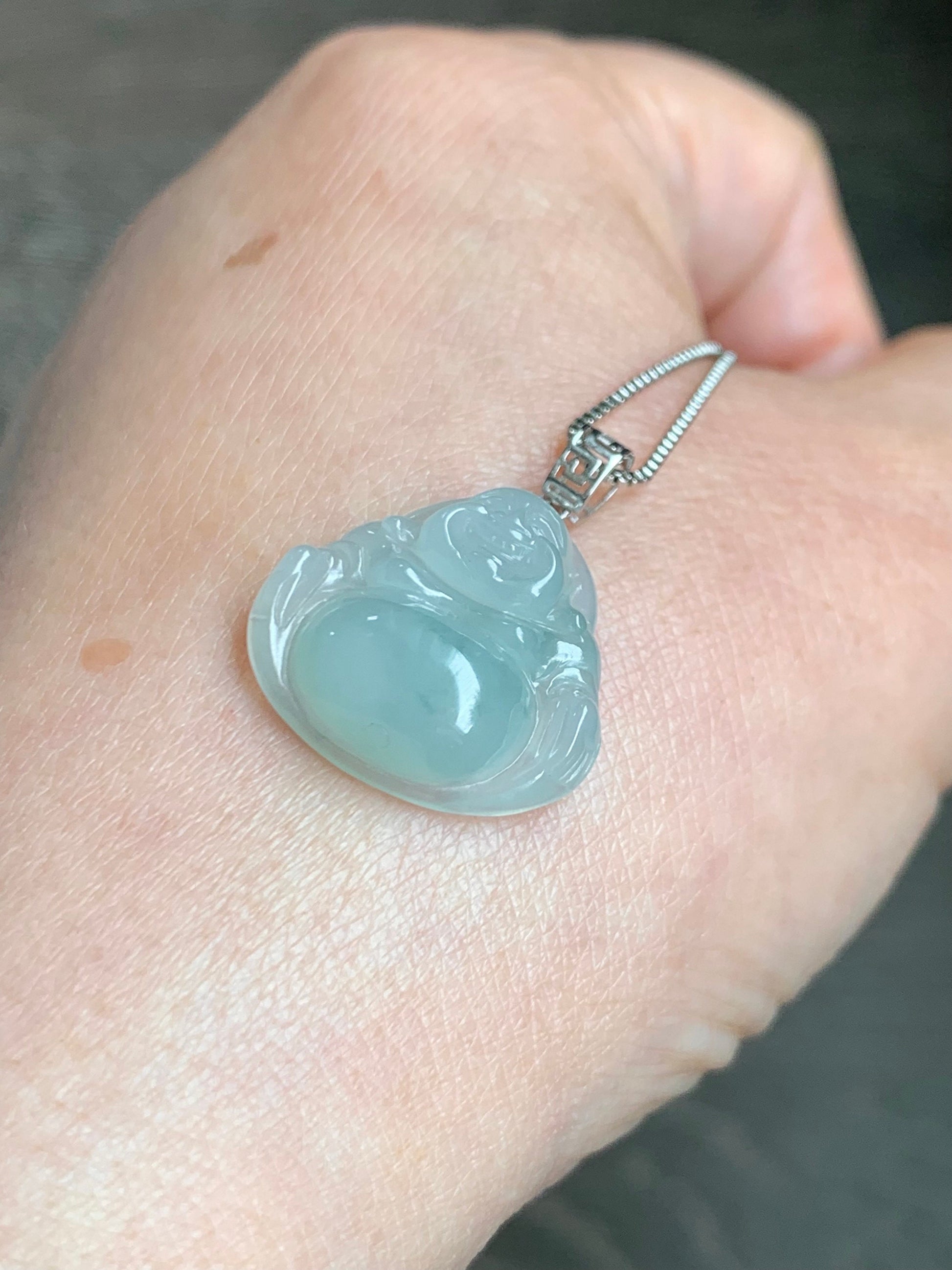 Natural Burmese Icy Translucent Gelatinous Light Green Jadeite Carved Buddha Pendant 18K White Gold 3 grams 天然缅甸冰胶晴底翡翠佛公镶嵌吊坠