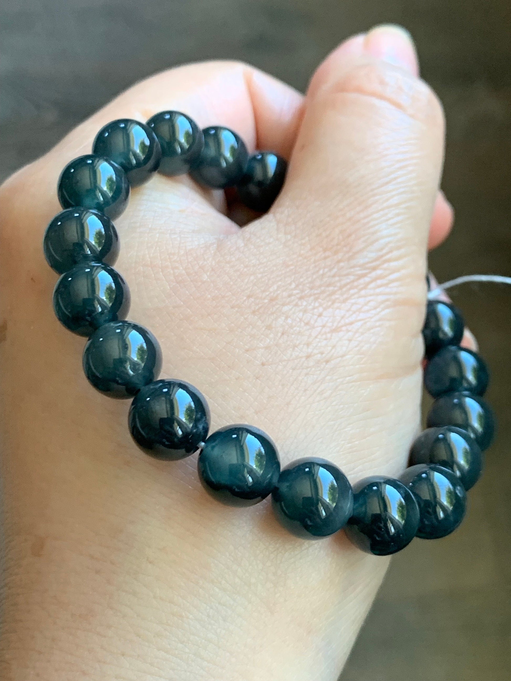 Certified Guatemalan Natural Icy Highly Translucent Gelatinous Dark Blue Wuji Marbled Jadeite Beaded Bracelet 7” 30.6g 天然冰胶危深蓝乌鸡翡翠手串 7085